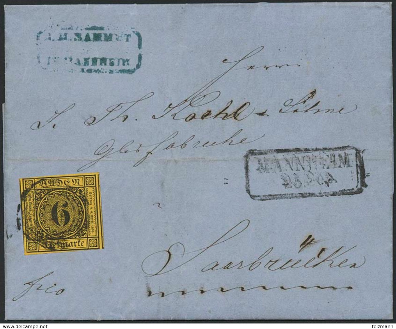 Brief 6 Kr Auf Gelb Auf Vollständigem, Innen Gelochtem Faltbrief MANNHEIM 25.9.1859 Nach Saarbrücken, Leuchtend Farbfris - Sonstige & Ohne Zuordnung