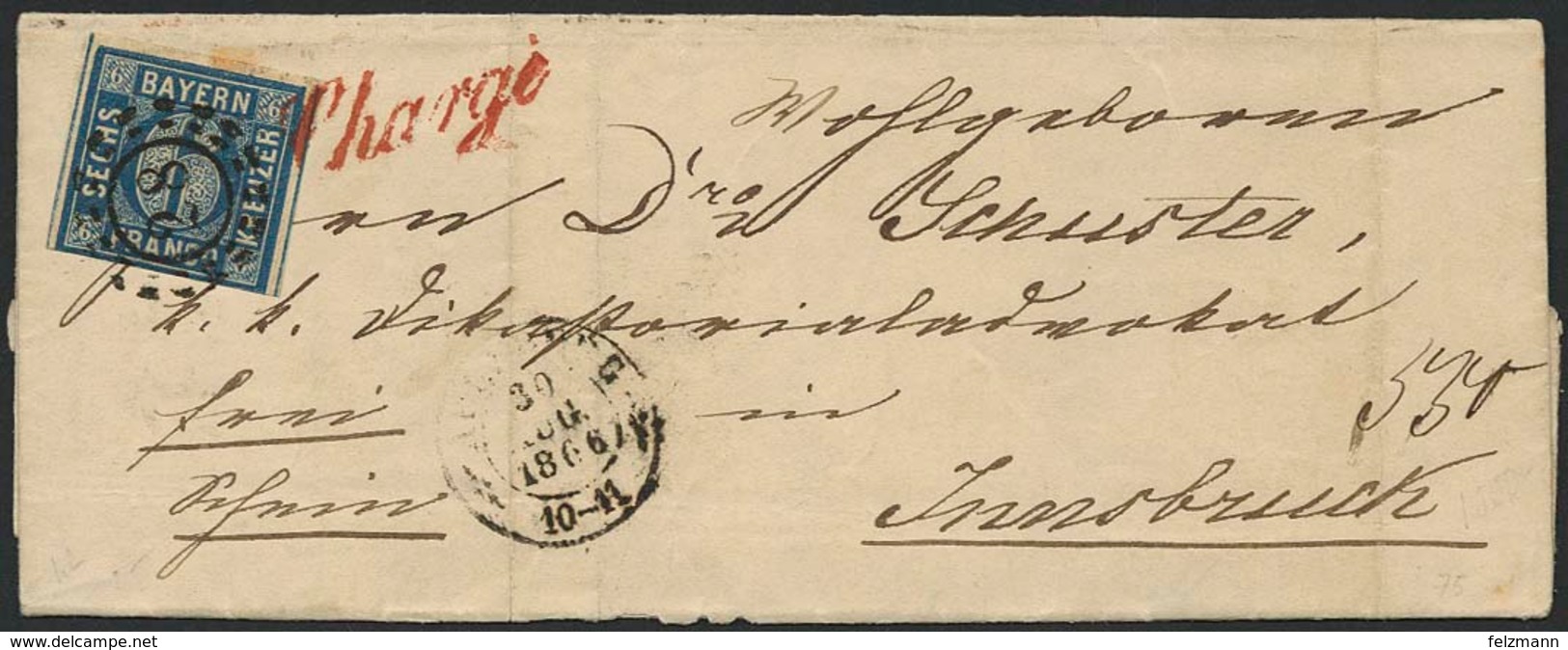 Brief 28 - AUGSBURG, Klar Nebst Auf Die Marke übergehendem Rotem L1 "Chargé" Auf Am 30.08.1866 Nach Innsbruck/Österreich - Sonstige & Ohne Zuordnung