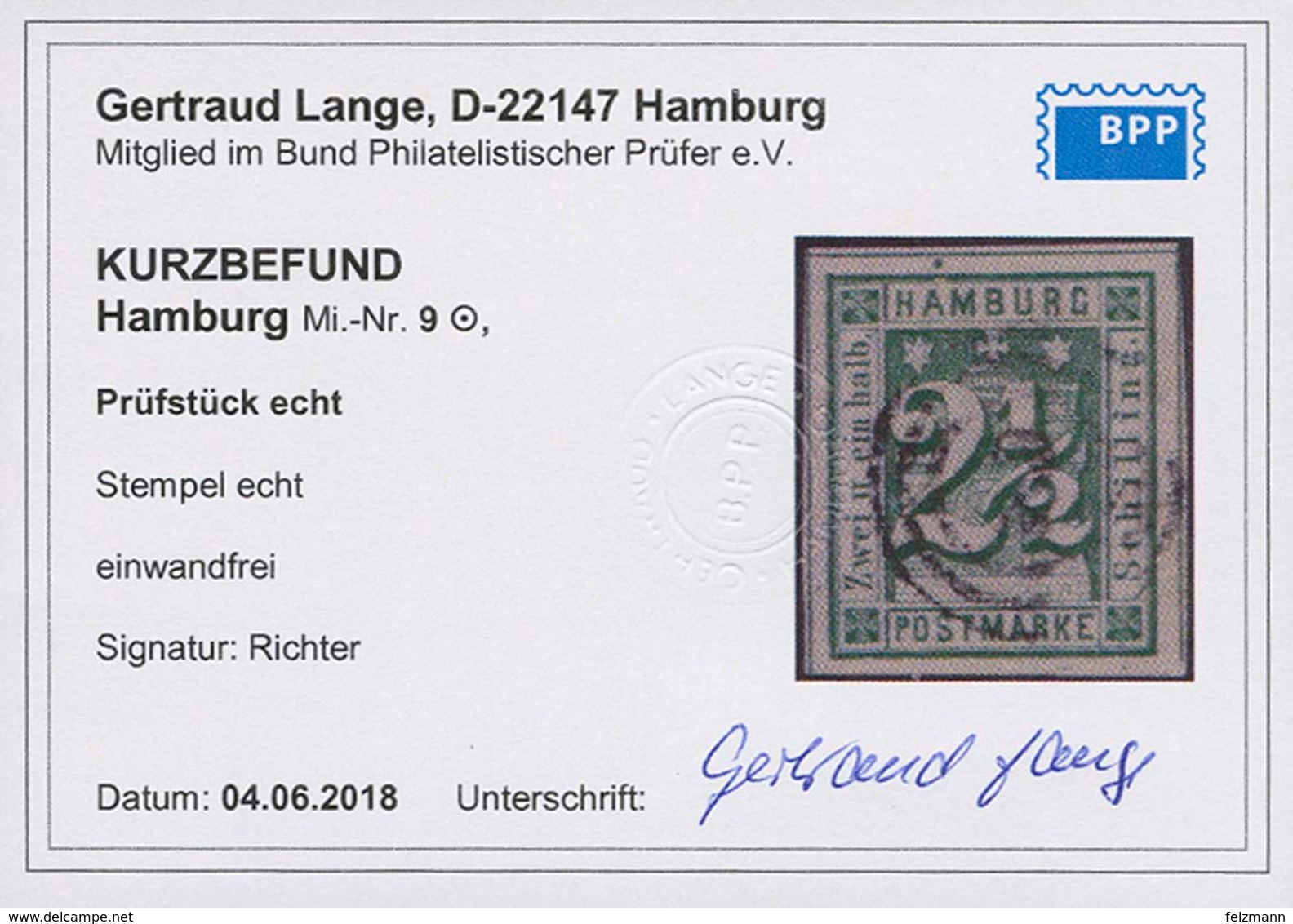 Gestempelt 2½ S Dunkelopalgrün, Farbfrisches, Allseits Breitrandiges Luxusstück Mit Dreiseitig Zwischenlinien (!) Mit Ze - Hamburg