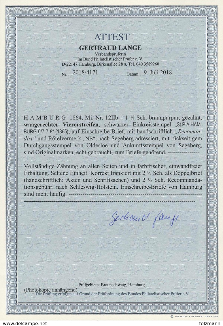 Brief 1¼ S Braunpurpur, Waagerechter Viererstreifen Als Portogerechte Frankatur Auf R-Brief Ab St. P.A. HAMBURG /7 (1865 - Hamburg