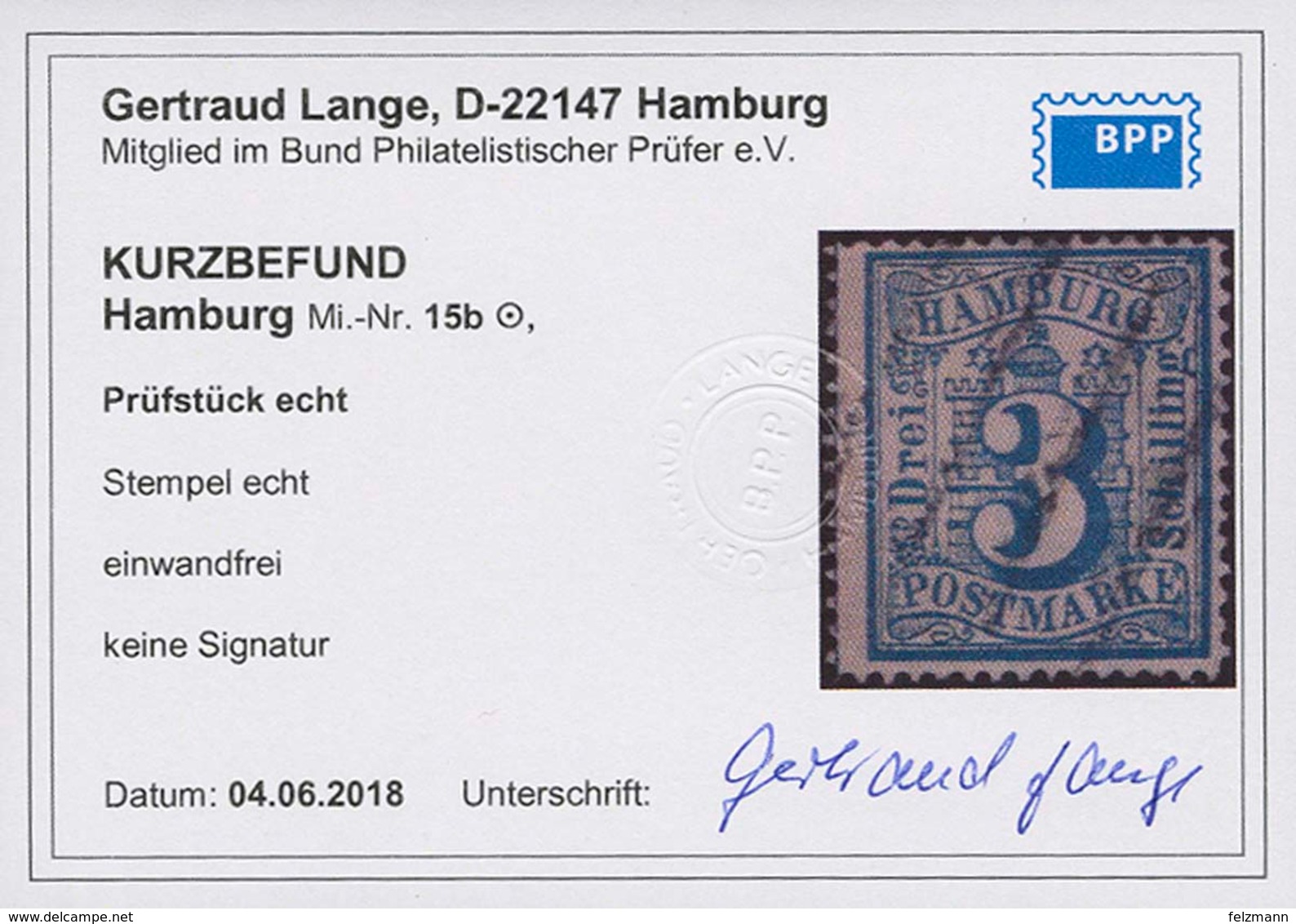 Gestempelt 3 S Preußischblau, Farbfrisches, Vollzähniges Kabinettstück Mit Sauber Aufgesetztem Vierstrichstempel, Fotoku - Hamburg