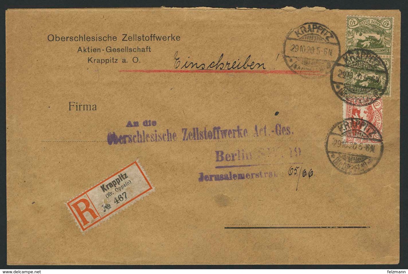 Brief KRAPPITZ (Kr. OPPELN) 29.10.20, R-Brief Mit 10 Und 2x 40 Pfg Landschaften Nach Berlin, Ankunft 30.10.20 - Other & Unclassified