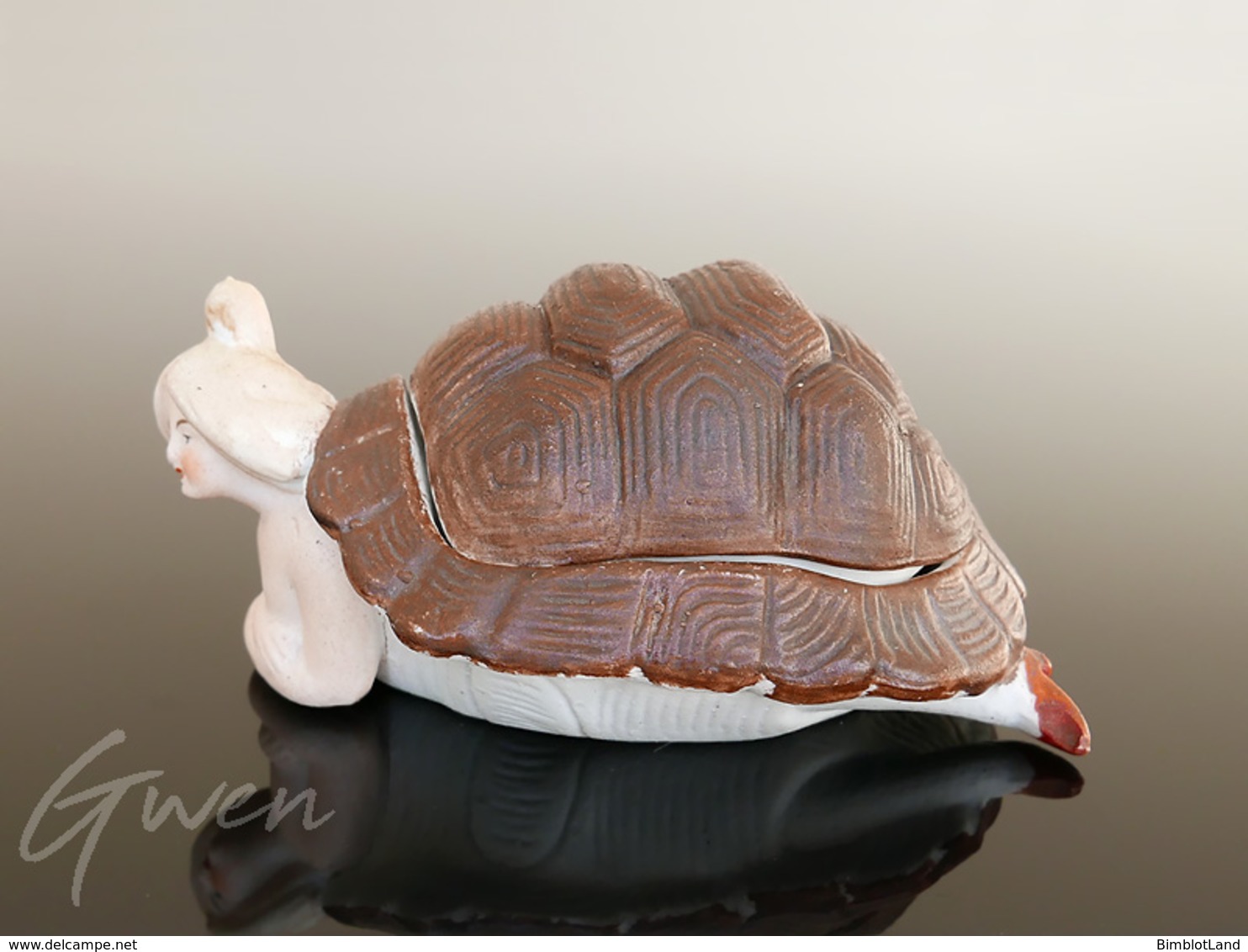 Sujet Figurine Art Deco Ancienne Biscuit Boite Femme Tortue Ours Miniature Allemagne Curiosa