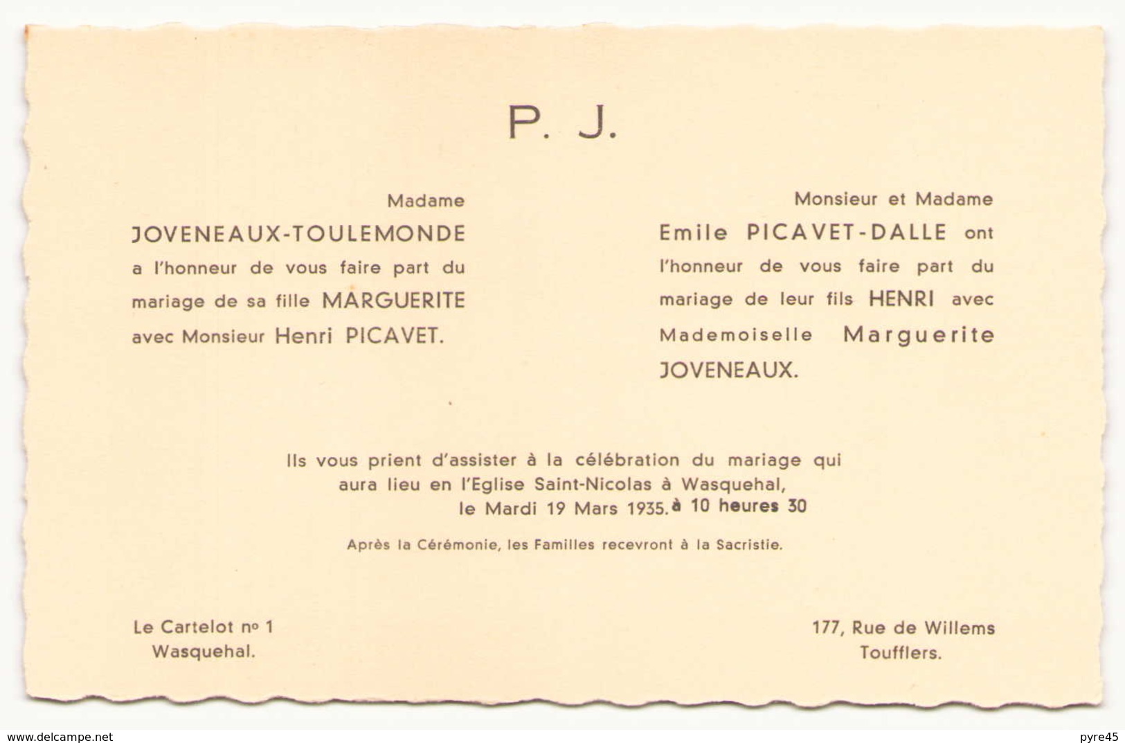 Faire-part De Mariage Du 19 Mars 1935 à Wasquehal - Boda