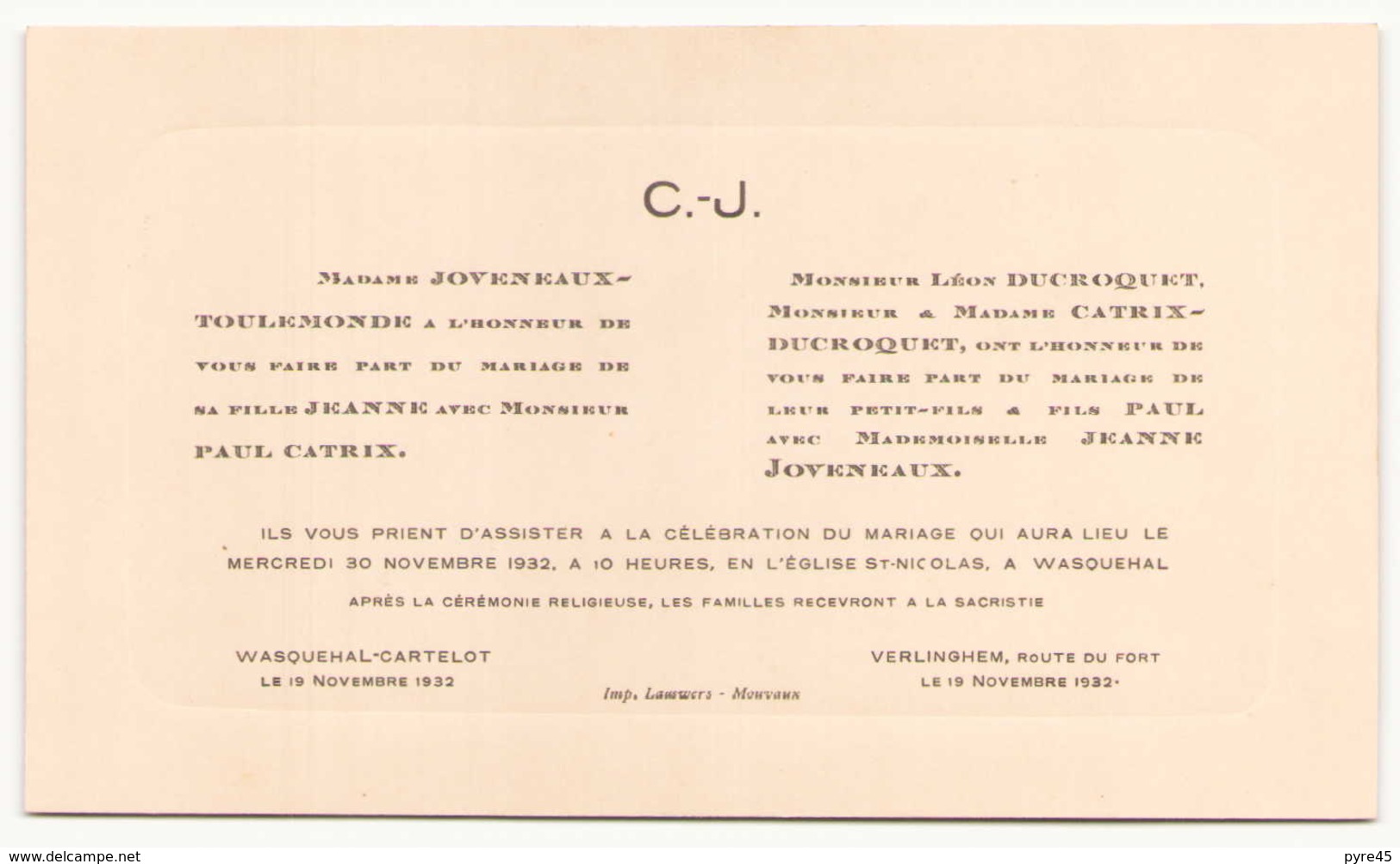 Faire-part De Mariage Du 30 Novembre 1932 à Wasquehal - Boda