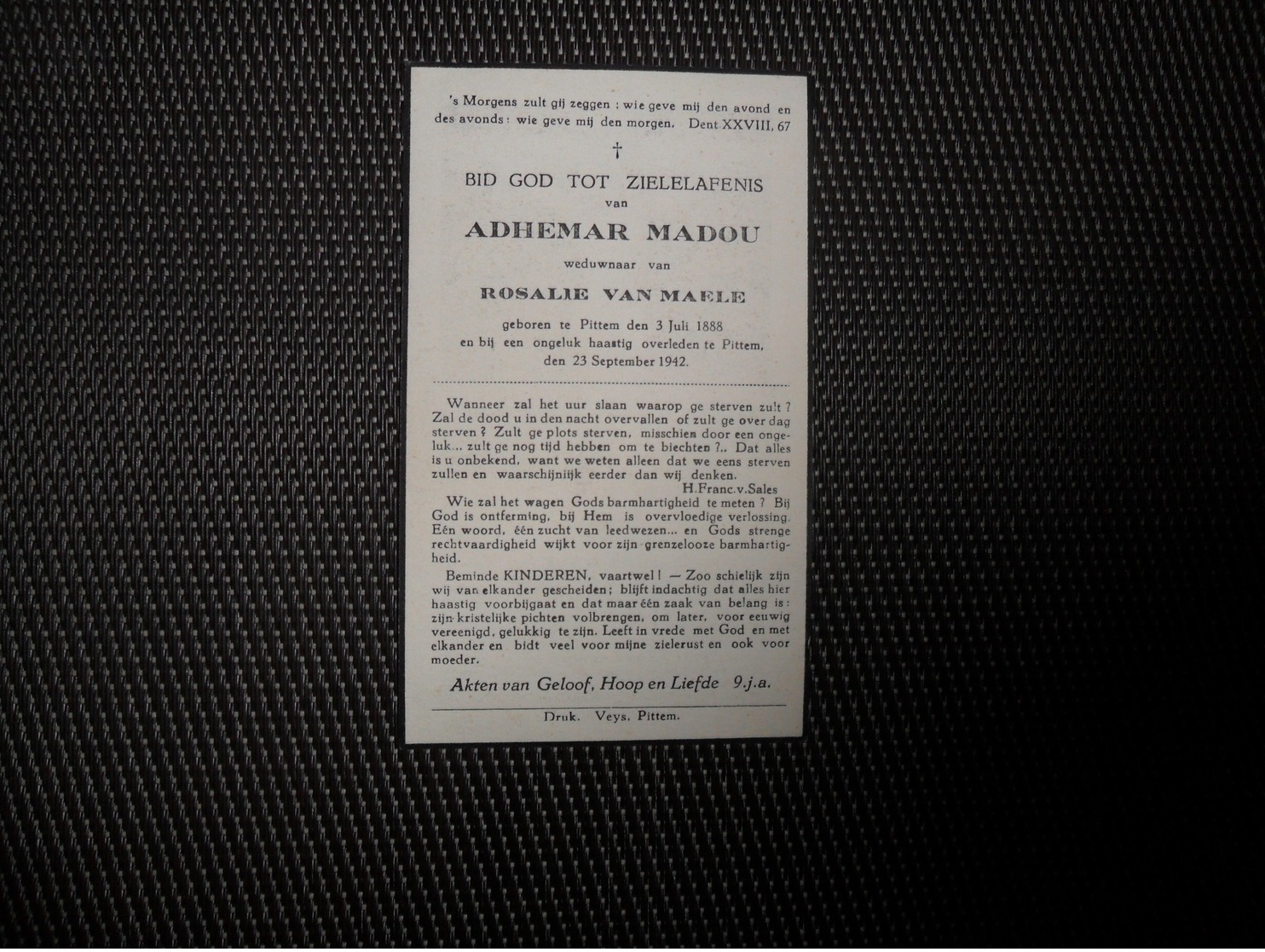 Doodsprentje  ( C459 )  Madou  /  Van Maele  -  Pitthem Pittem  1942 - Obituary Notices