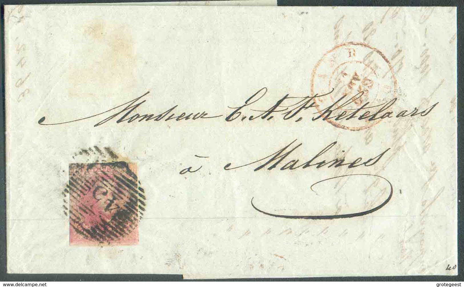 N°5 - Médaillon 40 Centimes Carmin-rose, Bien Margé, Obl. P.45 Sur Lettre De GAND Le 21 Novembre 1850 Vers STATION De MA - 1849-1850 Medaglioni (3/5)