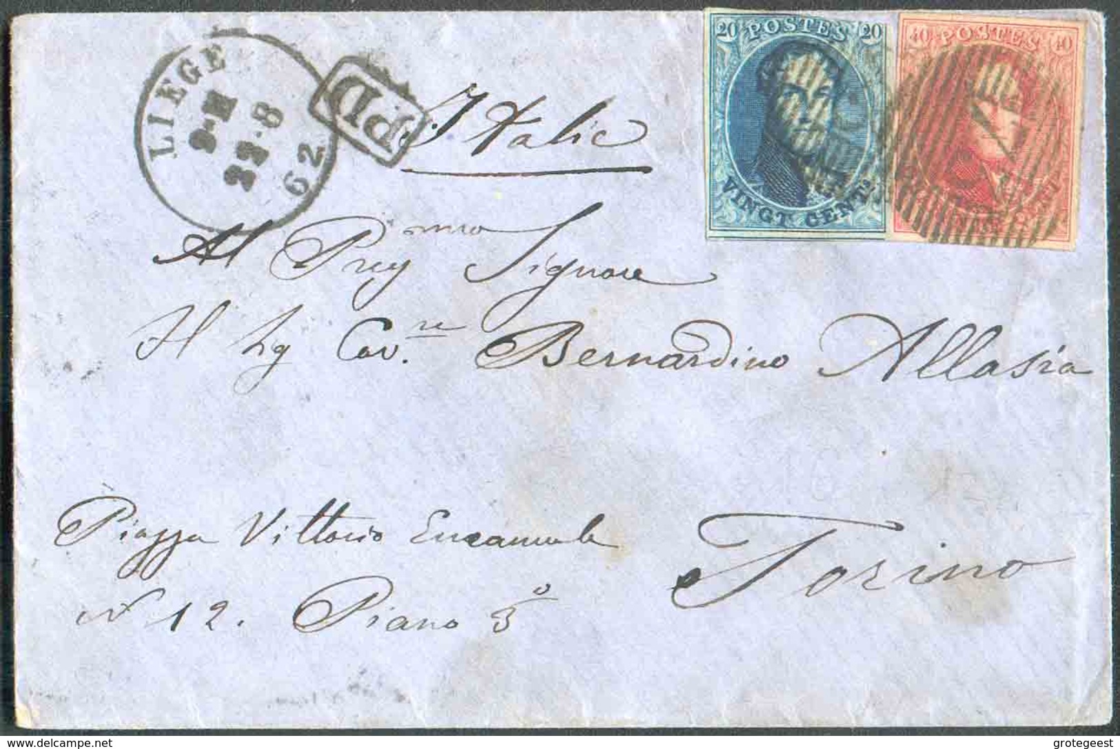 N°11/12 - Médaillon 20 Centimes (touché) Et 40 Centimes (TB Margé), Obl. P.73 Sur Enveloppe De LIEGE Le 22-8-1862 Vers T - 1858-1862 Médaillons (9/12)