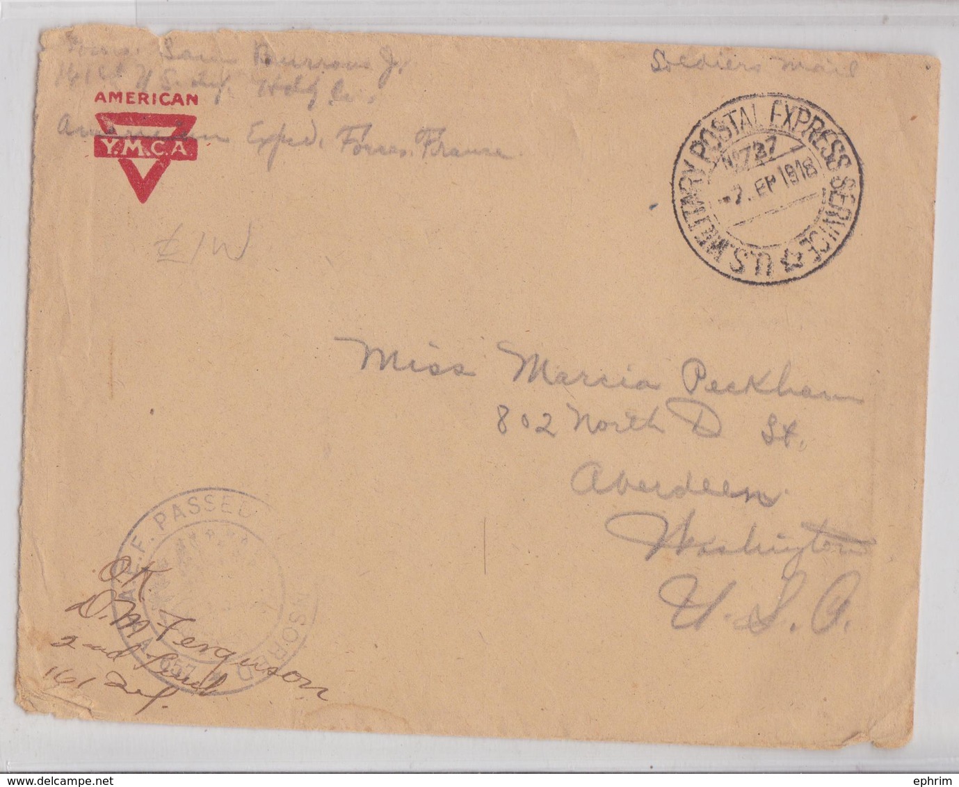 Free Soldiers Mail US Army Military Postal Express Service N°727 WW1 Cover France To Aberdeen 1918 YMCA Censor Post Mark - Lettres & Documents