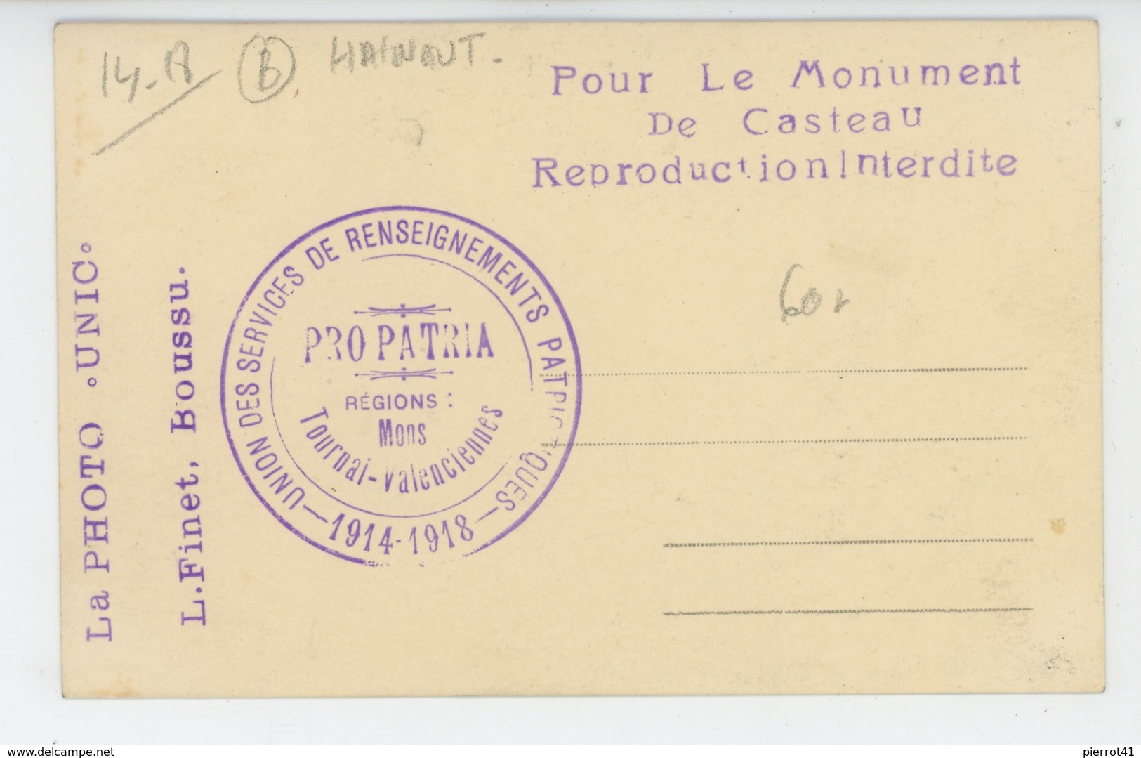 BELGIQUE - GUERRE 1914-18 - Union Des Services De Renseignements Patriotiques MONS TOURNAI Pour Le MONUMENT DE CASTEAU - Boussu