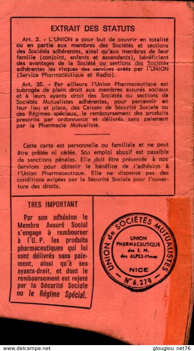 UNION PHARMACEUTIQUE DES S.M.DES ALPES MARITIMES..CARTE D'ADHERENT - Non Classés