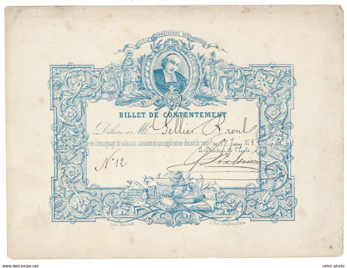 Billet De Contentement, école Chrétienne Des Frères, 1875 - Diploma & School Reports