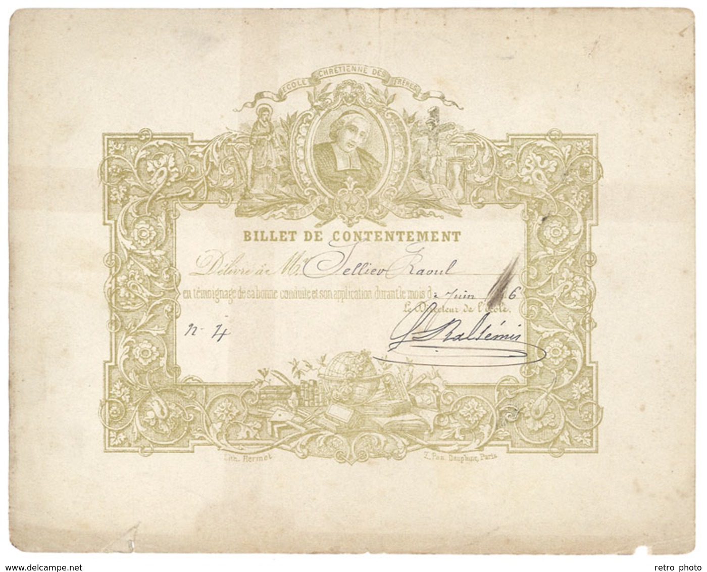 Billet De Contentement, école Chrétienne Des Frères, 1876 - Diploma & School Reports