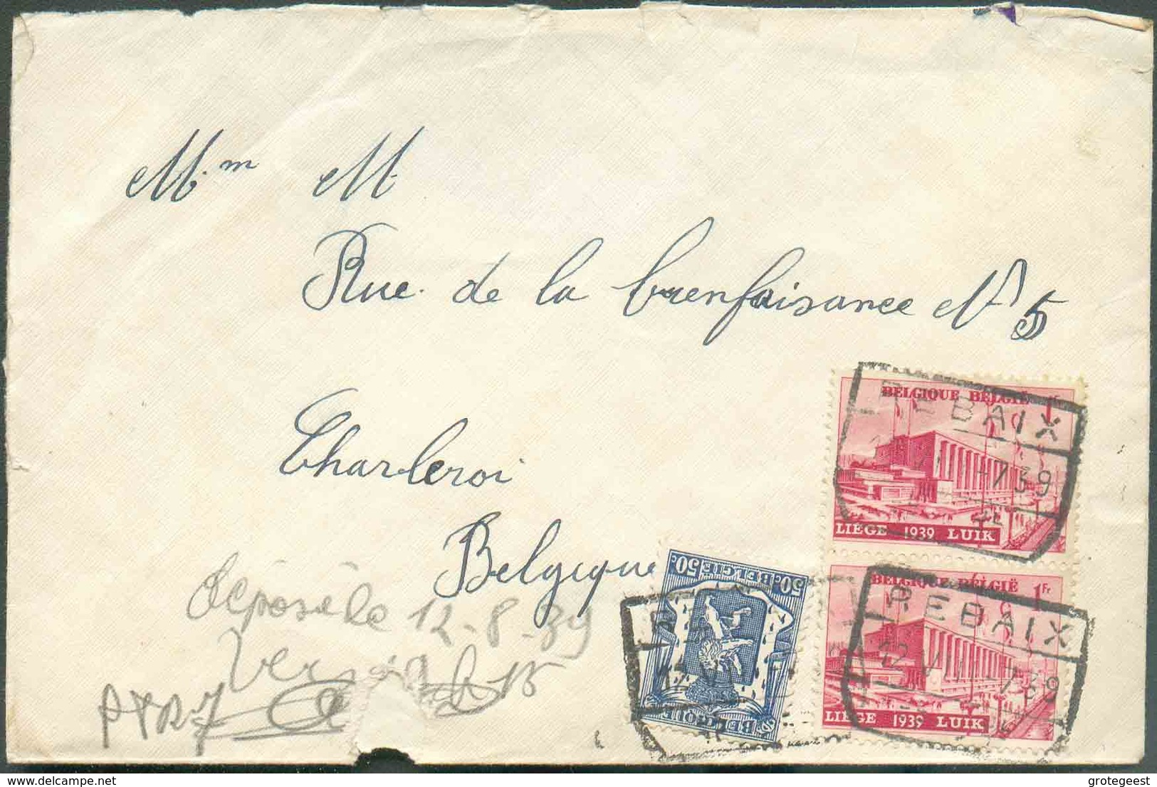 N°426-485(paire) Obl. Ferroviaire REBAIX Sur Enveloppe En Exprès Le 12-VIII-1939 Vers Charleroi. - TB 13064 - Brieven En Documenten