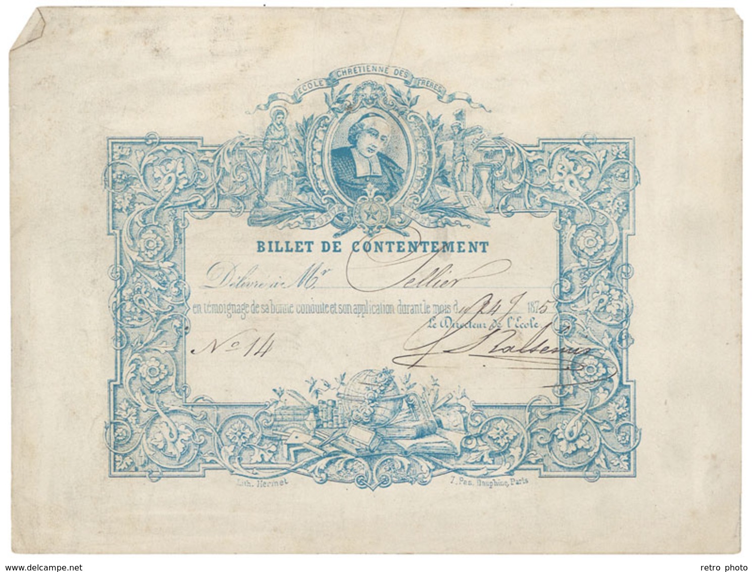 Billet De Contentement, école Chrétienne Des Frères, 1875 - Diplômes & Bulletins Scolaires