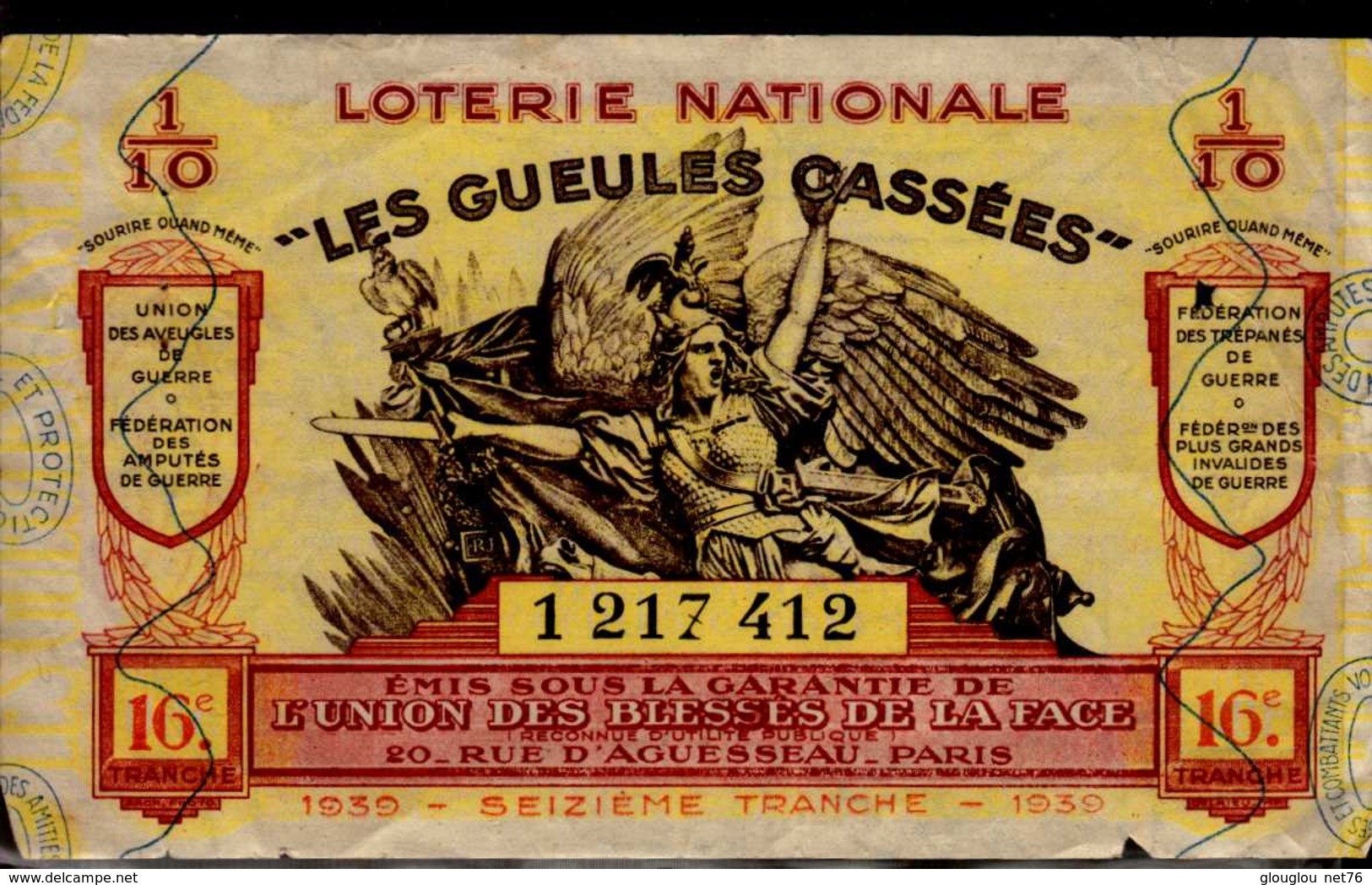 BILLET DE LOTERIE NATIONALE  "LES GEULES CASSEES"..1939 - Billets De Loterie