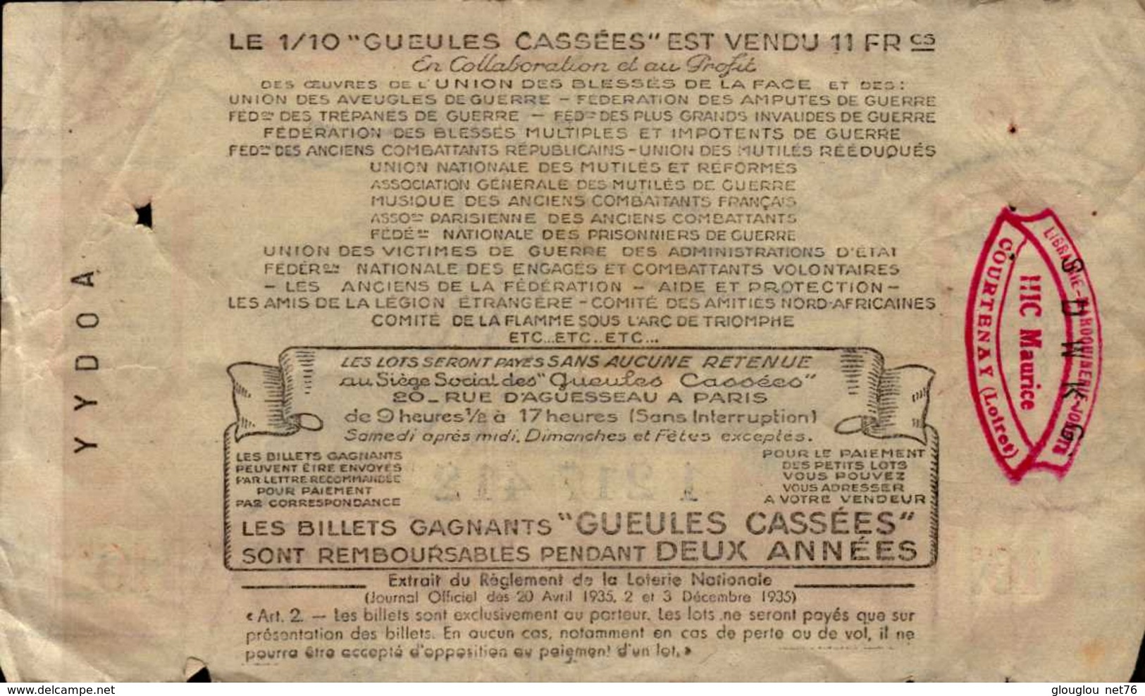 BILLET DE LOTERIE NATIONALE  "LES GEULES CASSEES"..1939 - Lotterielose