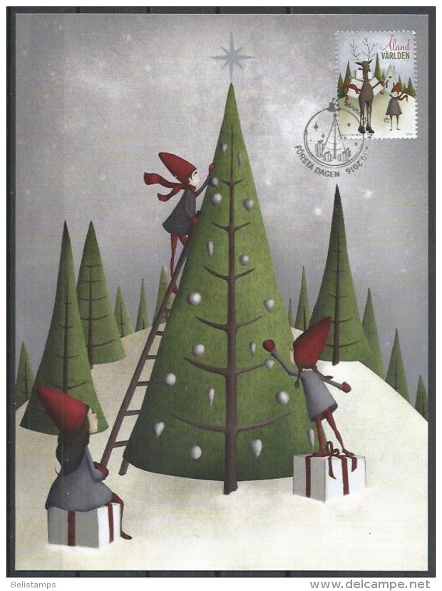 Aland Islands 2016. Scott #388 (U) Post Card, Christmas, Elf, Reindeer And Gifts * - Aland