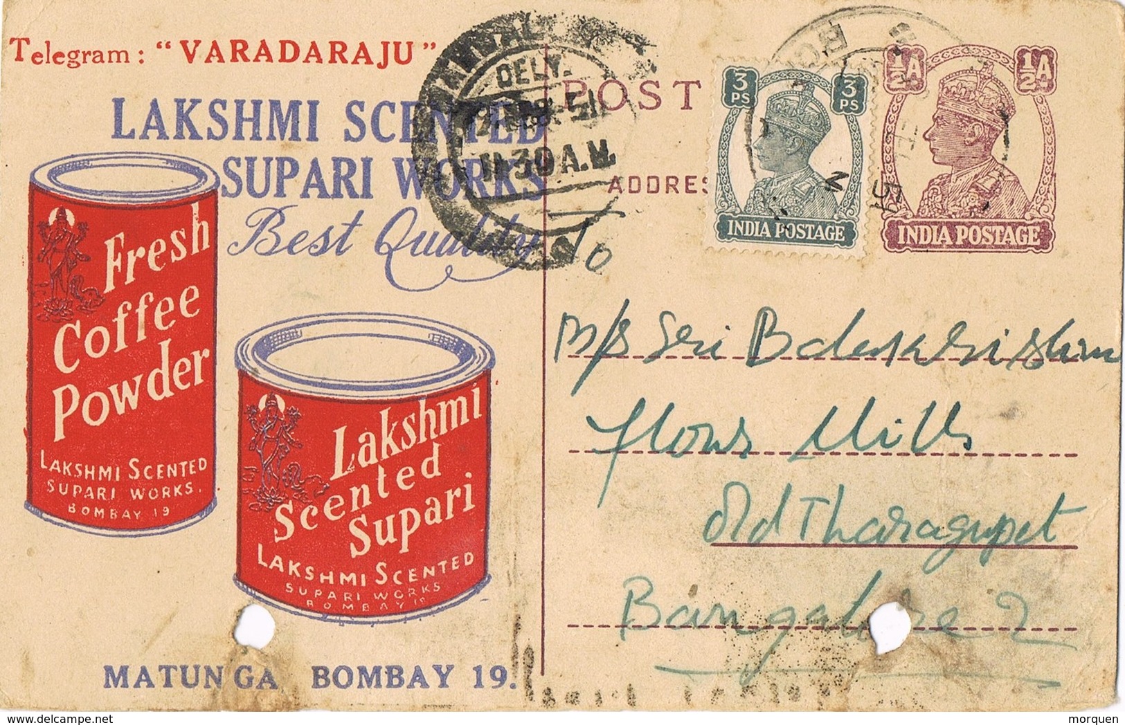 29559. Entero Postal Privado MATUMBA (Bombay) India 1951. Cofee And Lakshmi - 1936-47 King George VI