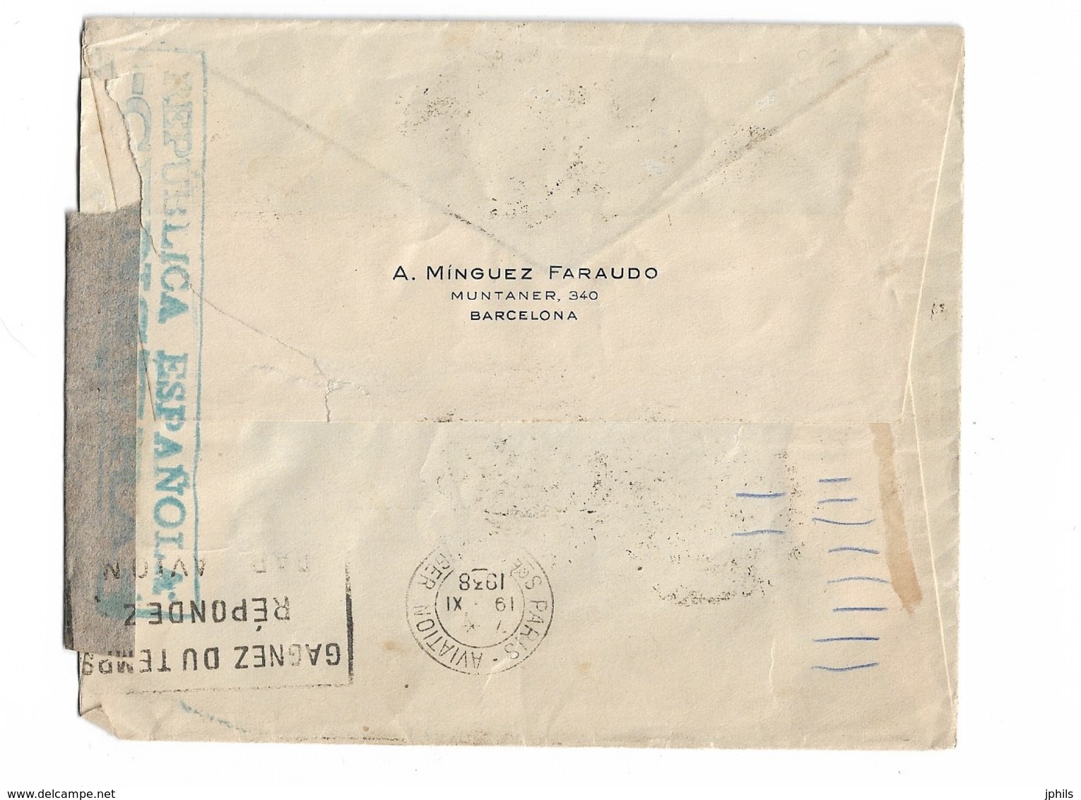 CENSURE MILITAIRE REPUBLIQUE ESPAGNOLE De BARCELONE Pour PARIS N° 562 563 Et PA N° 95 - Storia Postale