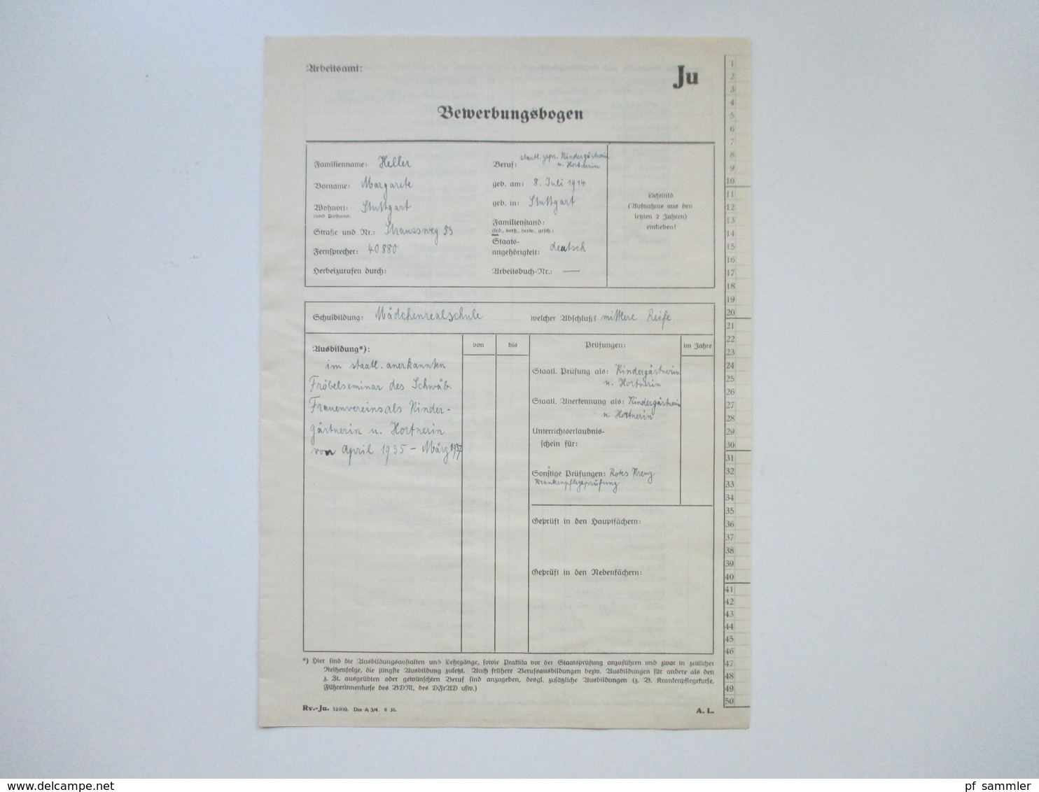 Dokument Bewerbungsbogen Des Arbeitsamtes JU. 3. Reich 1930er Jahre Stuttgart Rv.-Ju 52000 - Historische Dokumente