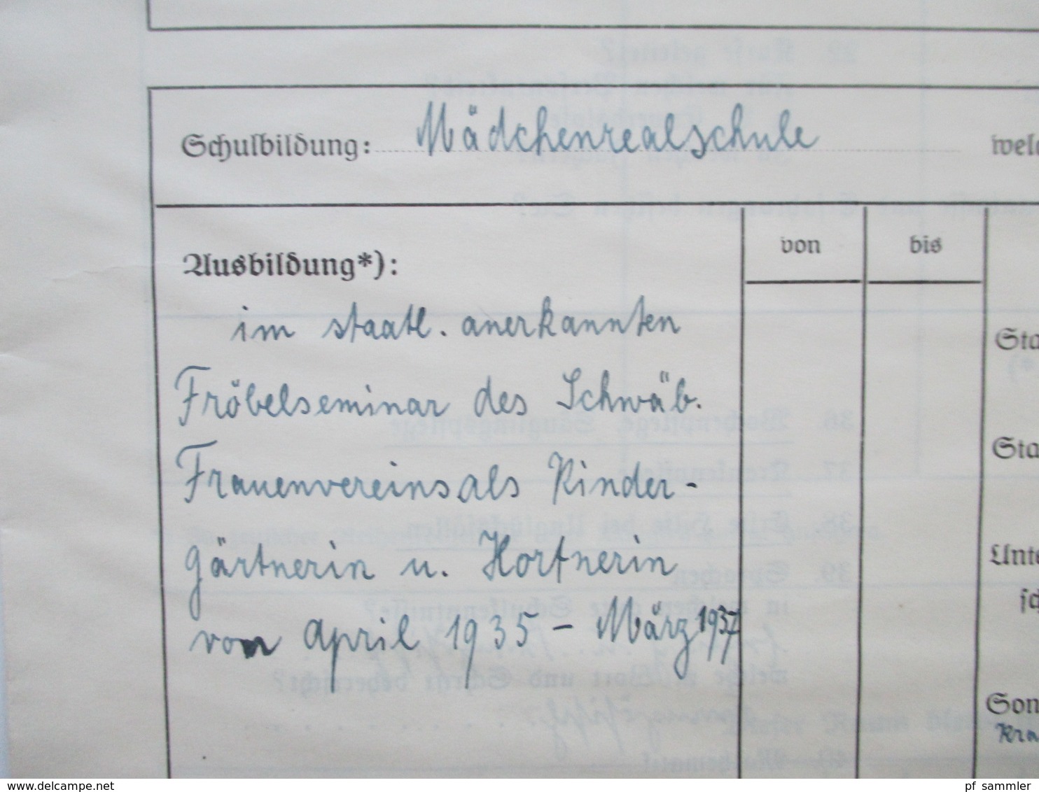 Dokument Bewerbungsbogen Des Arbeitsamtes JU. 3. Reich 1930er Jahre Stuttgart Rv.-Ju 52000 - Historische Dokumente