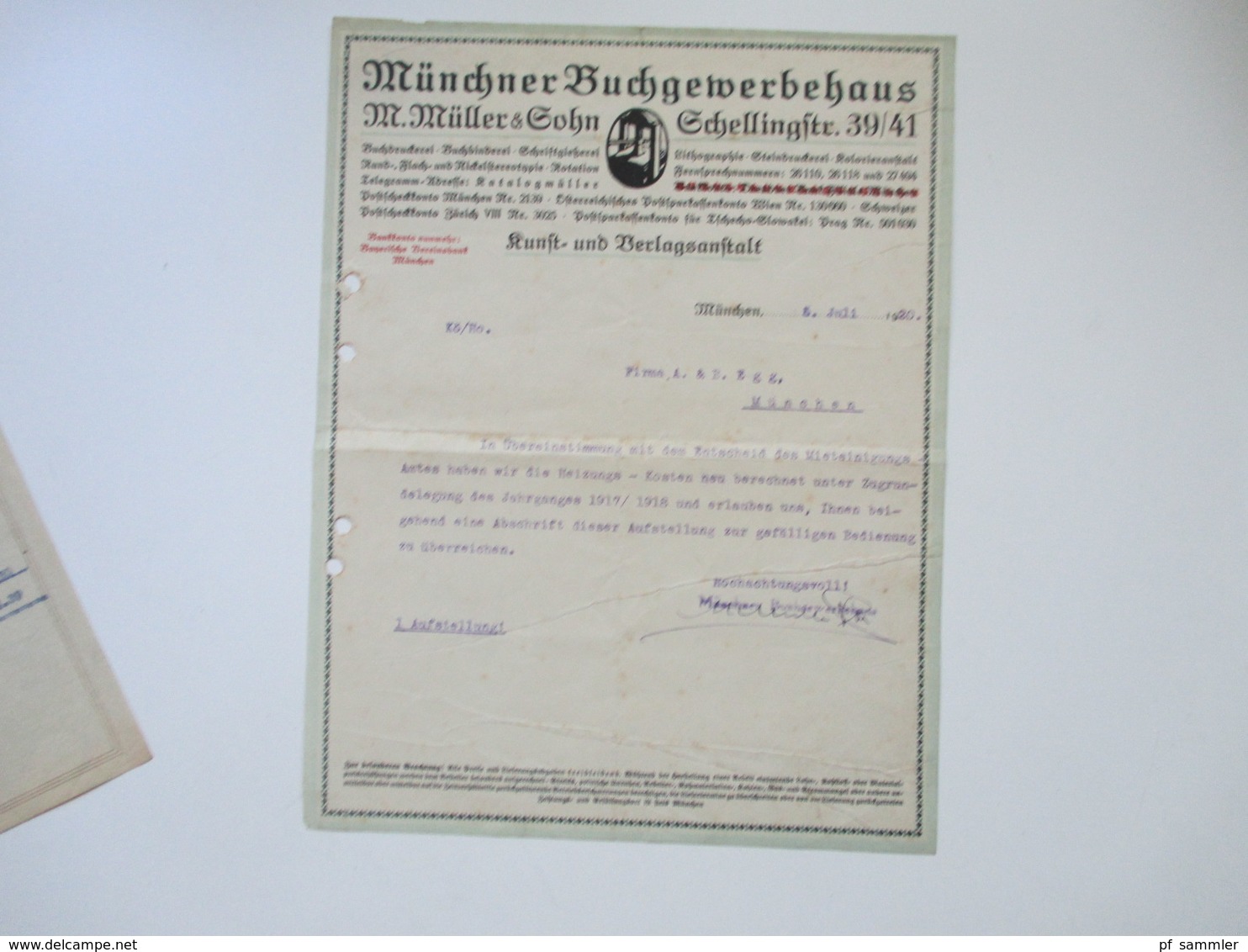 Dokument 1917 / 18 Und 1921 Münchner Buchgewerbehaus M. Müller & Sohn Auflistung über Heizungsmehrkosten - Documents Historiques