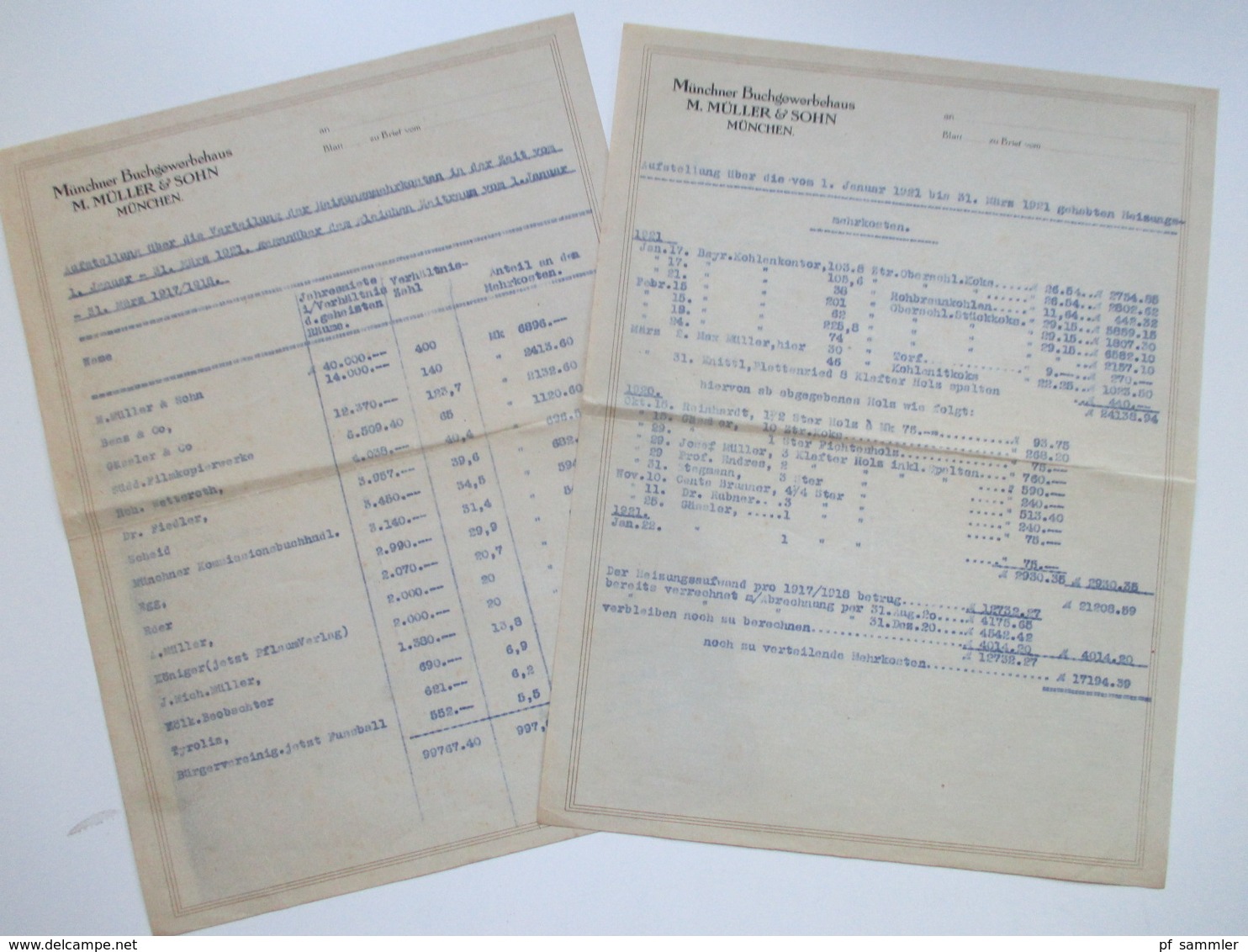 Dokument 1917 / 18 und 1921 Münchner Buchgewerbehaus M. Müller & Sohn Auflistung über Heizungsmehrkosten