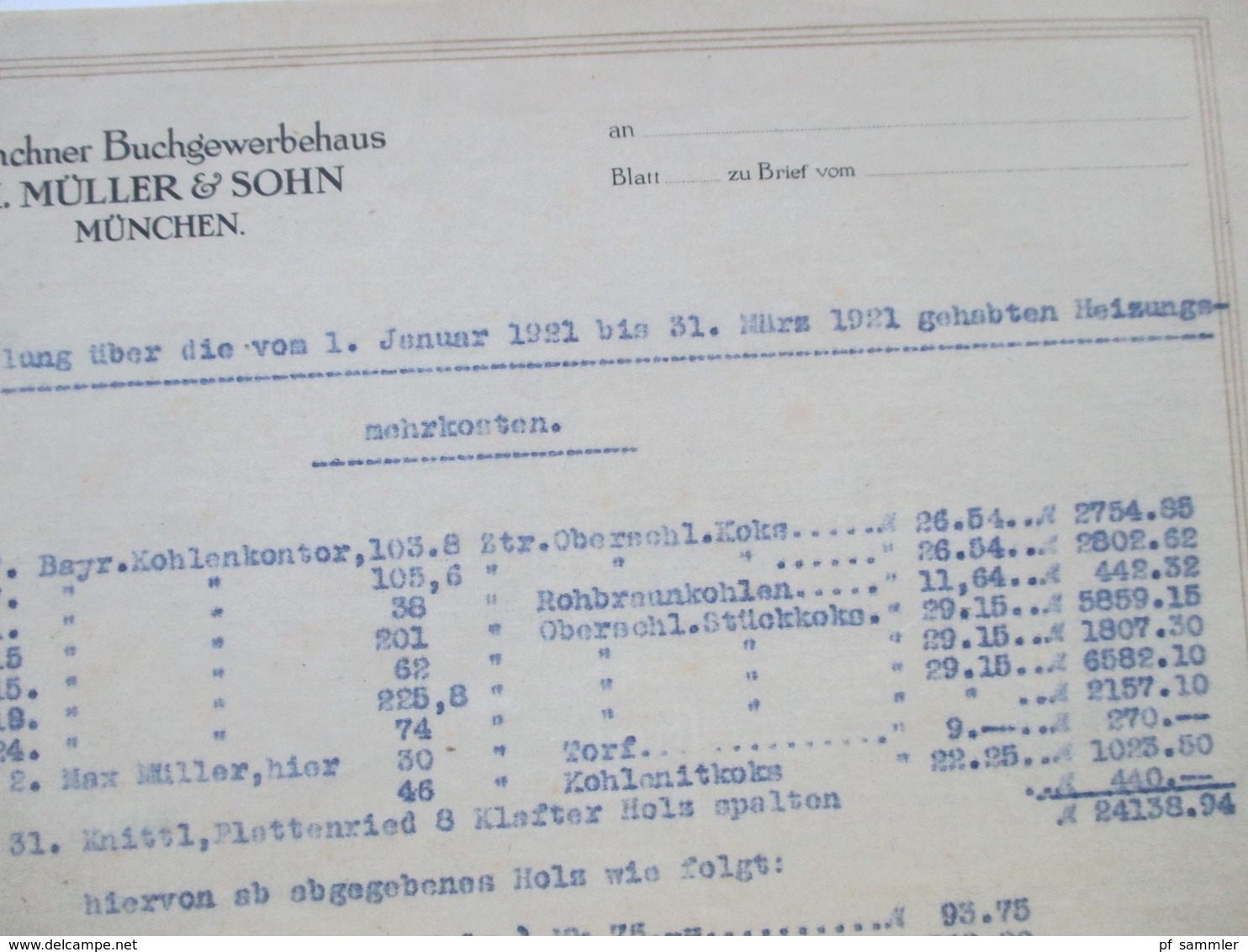 Dokument 1917 / 18 und 1921 Münchner Buchgewerbehaus M. Müller & Sohn Auflistung über Heizungsmehrkosten