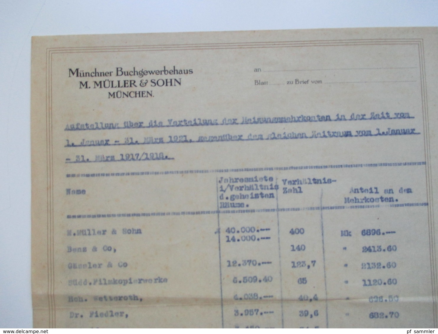 Dokument 1917 / 18 und 1921 Münchner Buchgewerbehaus M. Müller & Sohn Auflistung über Heizungsmehrkosten