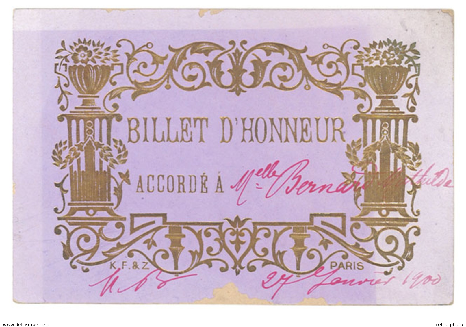 Billet D' Honneur - élève, école, 1900 - Diplômes & Bulletins Scolaires