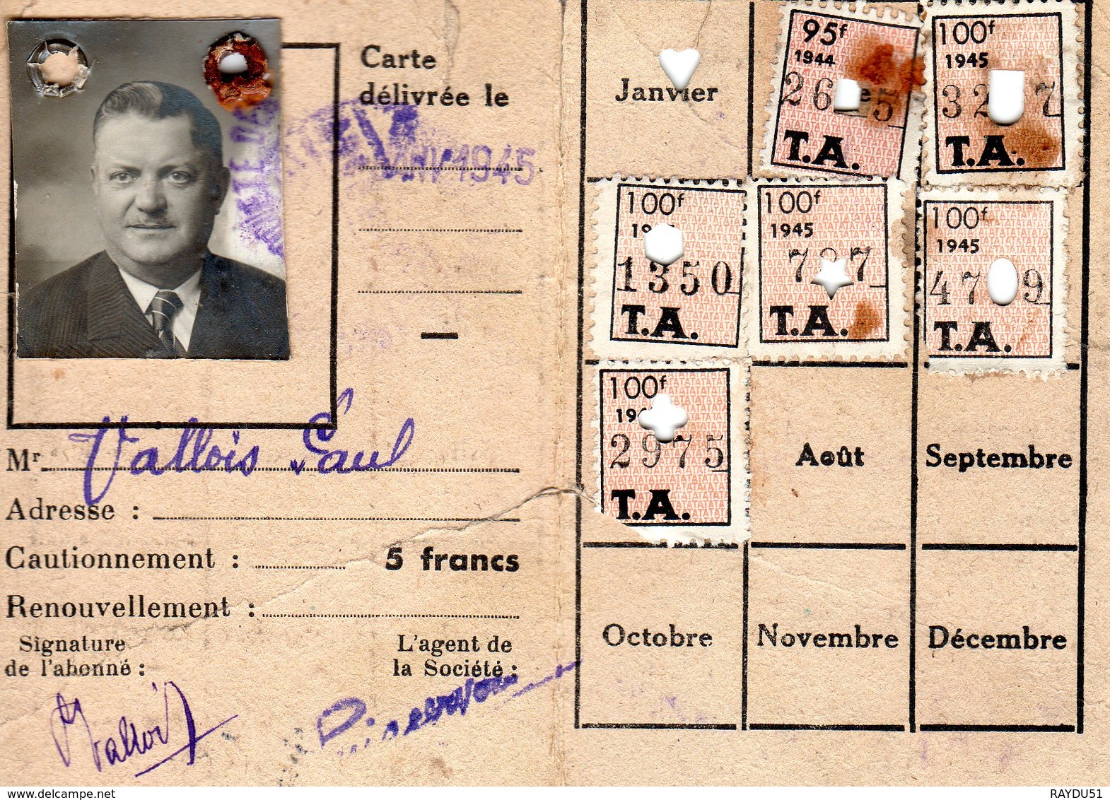ALGER - CARTE D'ABONNEMENT MENSUEL TRAMWAYS - ANNEE 1945 - Autres & Non Classés