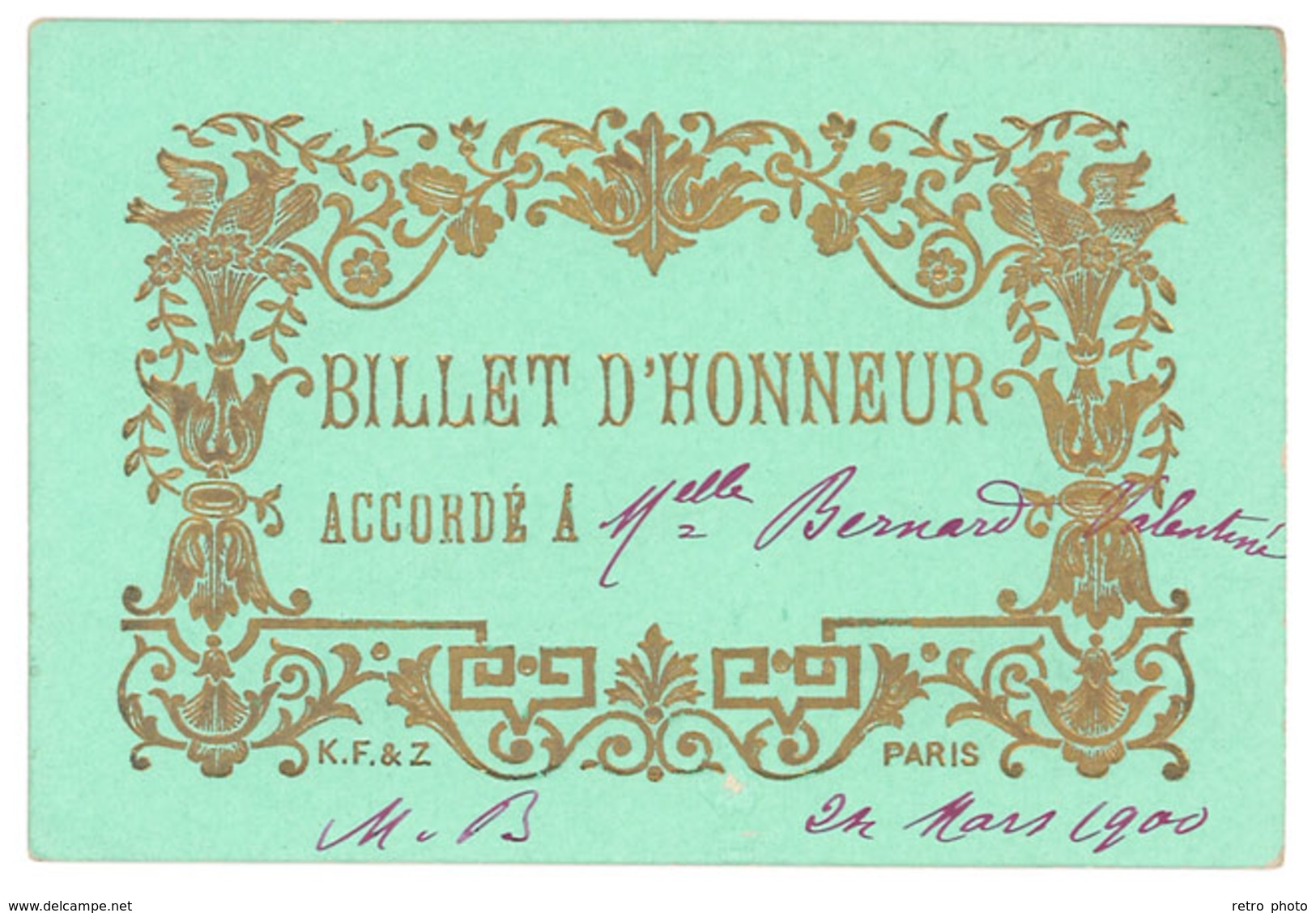 Billet D' Honneur - élève, école, 1900 - Diplômes & Bulletins Scolaires