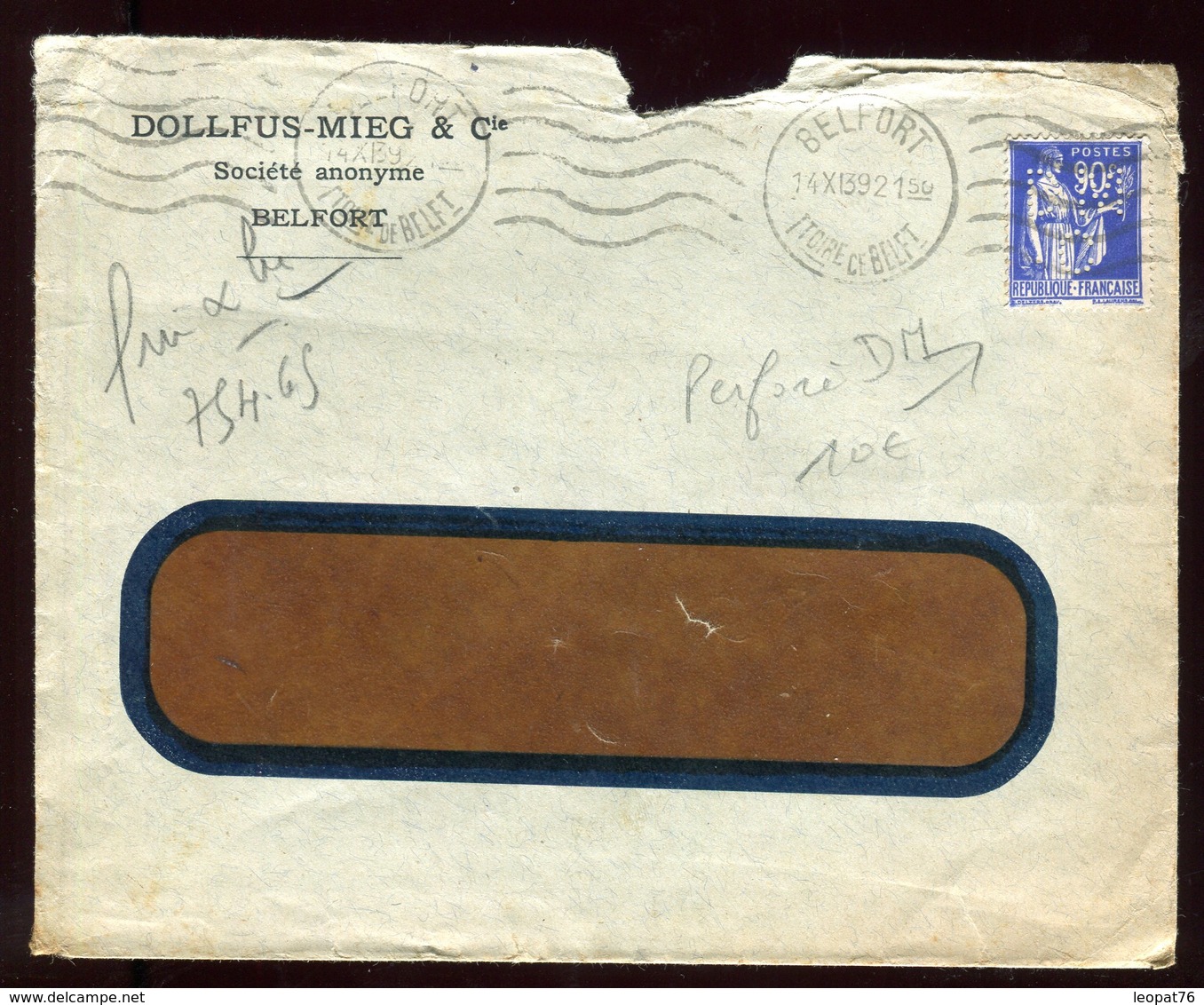 Type Paix Perforé DM Sur Enveloppe Commerciale De Belfort En 1939 - Andere & Zonder Classificatie