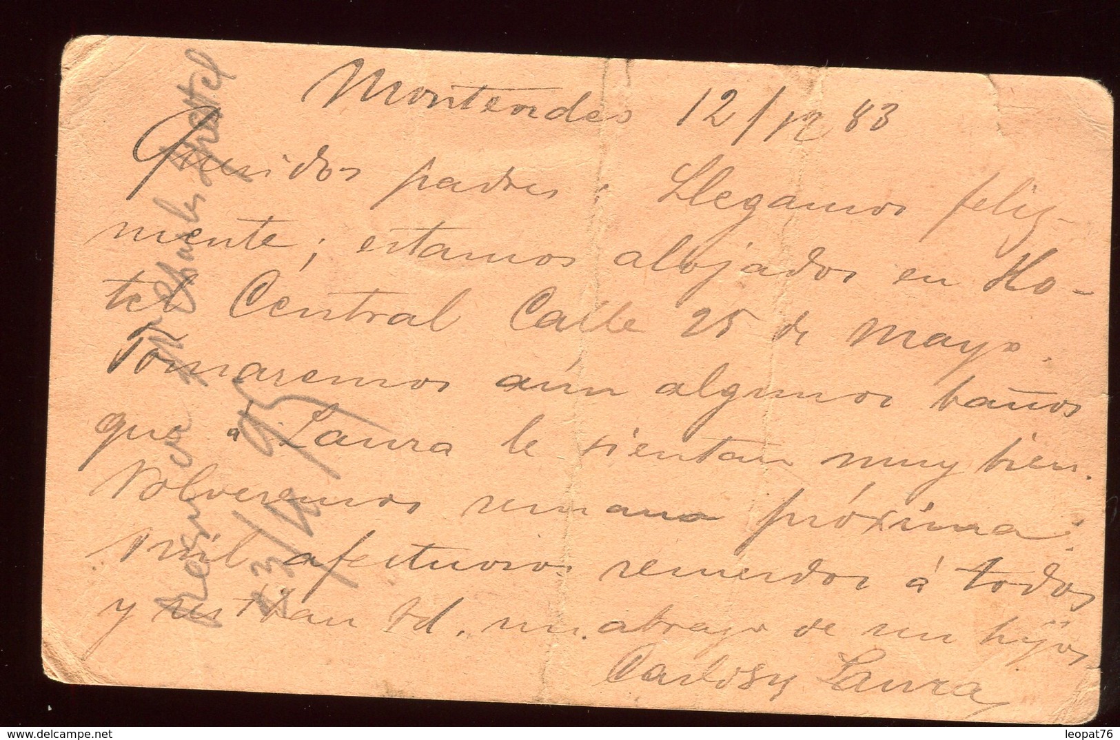 Uruguay - Entier Postal ( Plis + Entaille ) Pour Buenos Aires En 1883 - Uruguay