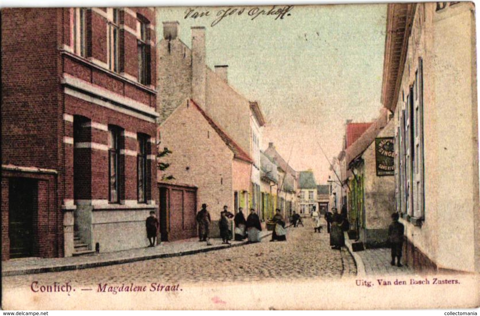 1 Oude Postkaart Kontich  Contich Magdalene Straat Uitgever Van Den Bosch Zusters 1905 Gekleurde Kaart, Reclame SINGER - Kontich