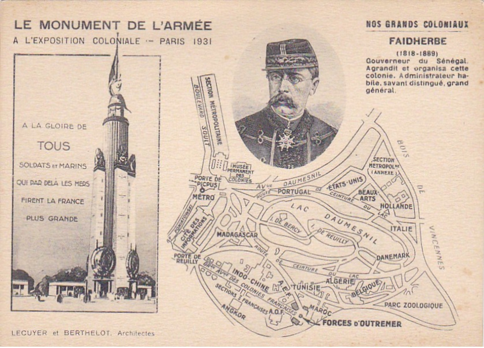 PARIS XII° PORTE De REUILLY PICPUS Bois De VINCENNES PLAN Exposition COLONIALE 1931 Monument ARMEE Général FAIDHERBE - Paris (12)