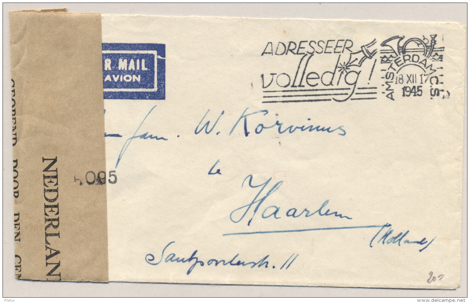 Nederlands Indië - 1945 - Ongefrankeerde Brief Met NL-censuurstrook Van Bandoeng Naar Haarlem - Niet Beport - Nederlands-Indië