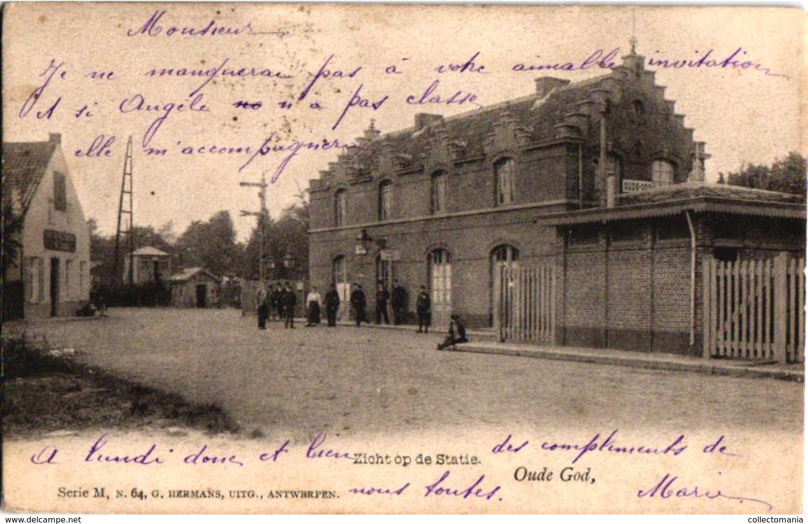 1 Oude Postkaar MORTSEL Oude God Zicht  Op De Statie Uitgever Hermans 1905 Met Personeel Station En Trein In Uniform - Mortsel