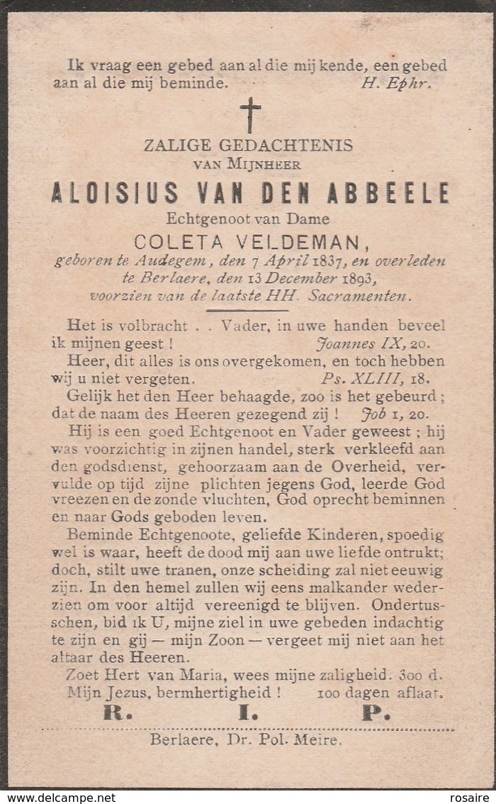 Aloisius Van Den Abeele-audegem-berlaere-1893 - Images Religieuses