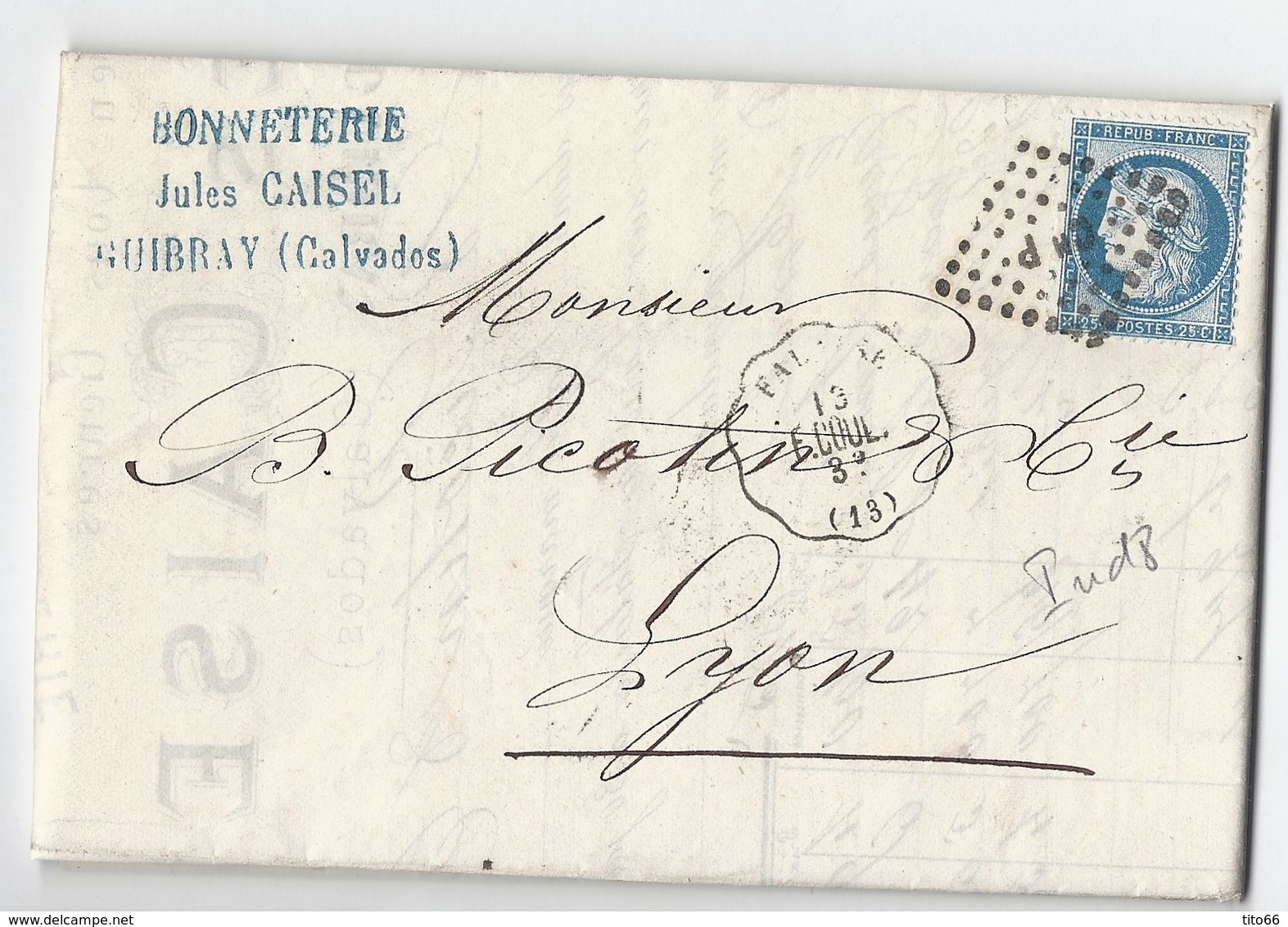 Lettre Avec Cérès N° 60 TAD Convoyeur Station De Guibray Vers Lyon 13 Avril 1875 - 1849-1876: Période Classique
