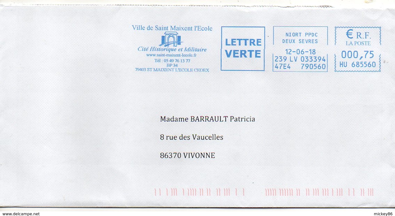 2018--EMA  Ville (Mairie) De Saint Maixent L'Ecole - 79 --logo Porte Chalons-NIORT PPDC-machine HU 685560--0.75€ - EMA (Empreintes Machines à Affranchir)