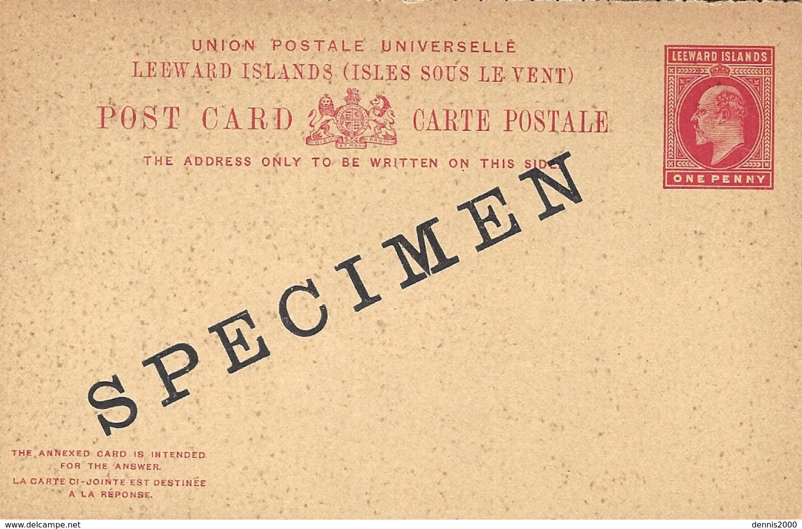 POST CARD  E P One Penny   + SPECIMEN  -  With Reply - Leeward  Islands