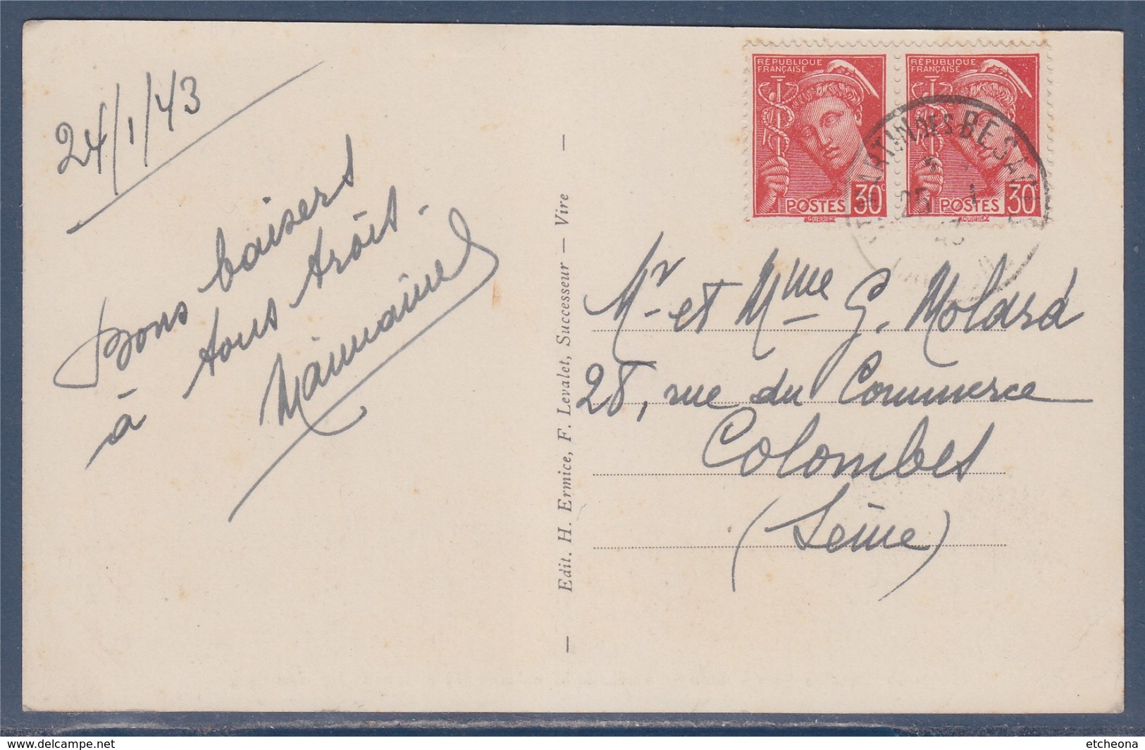 = Viaduc De La Souleuvre Avec Train De La Ligne De Vire à Caen Timbres 2x 412 Type Mercure 25.01.43 - Ouvrages D'Art