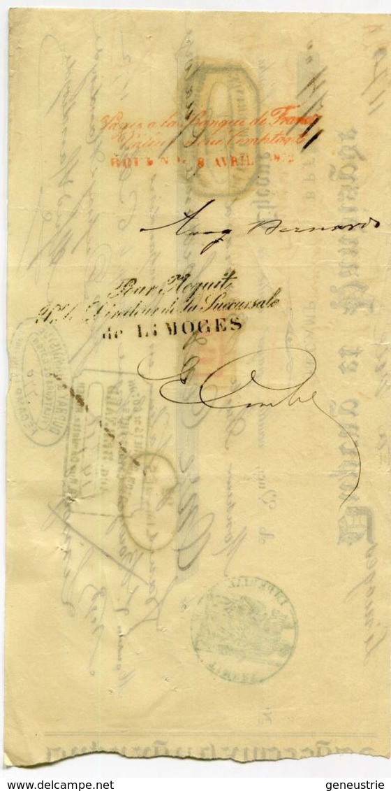 Chèque Ancien 1872 "Dupray Et Handisyde Filature De Coton à Fécamp" Normandie - Cachet Banque Limoges - Cheques En Traveller's Cheques