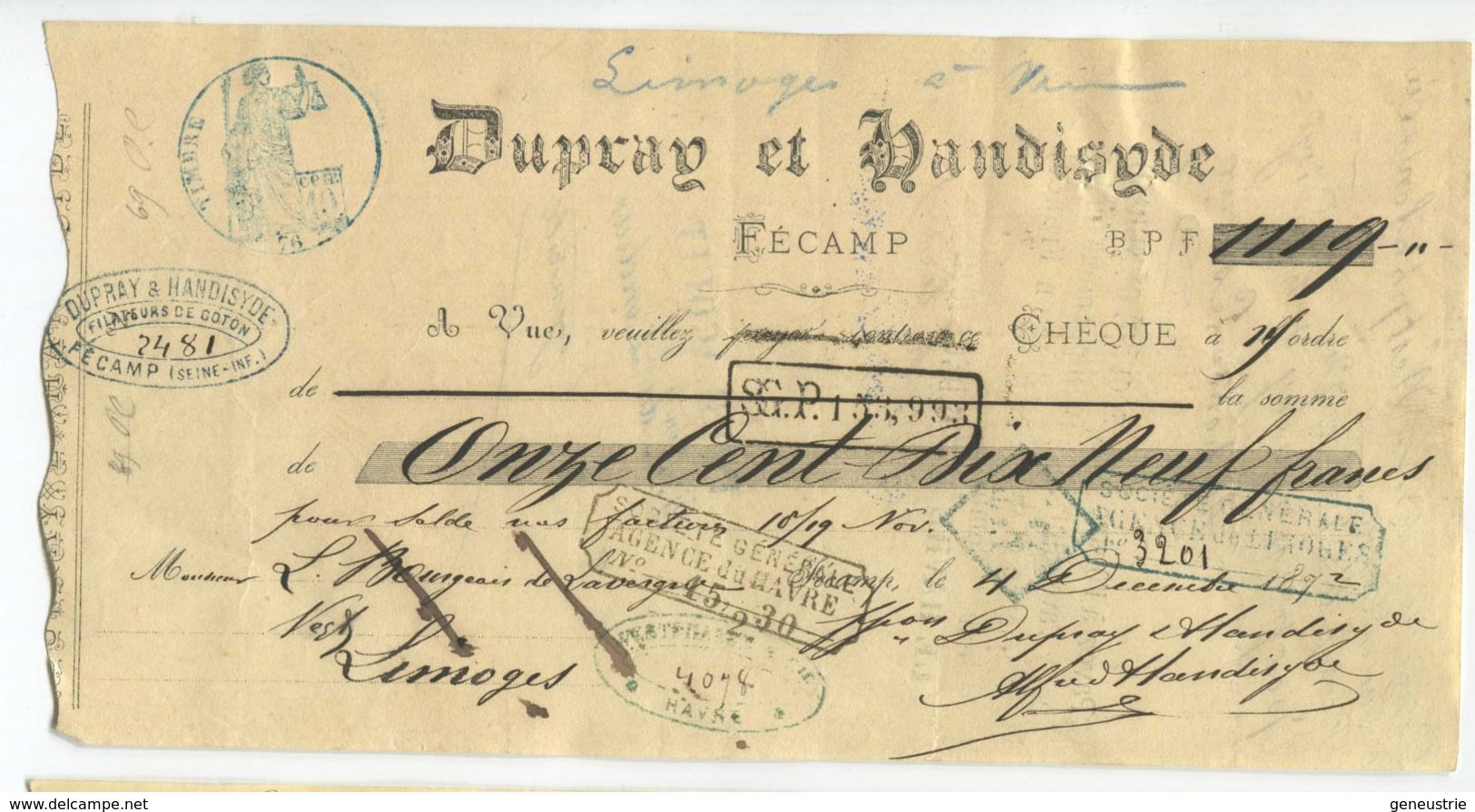 Chèque Ancien 1872 "Dupray Et Handisyde Filature De Coton à Fécamp" Cachet Banque Le Havre - Chèques & Chèques De Voyage
