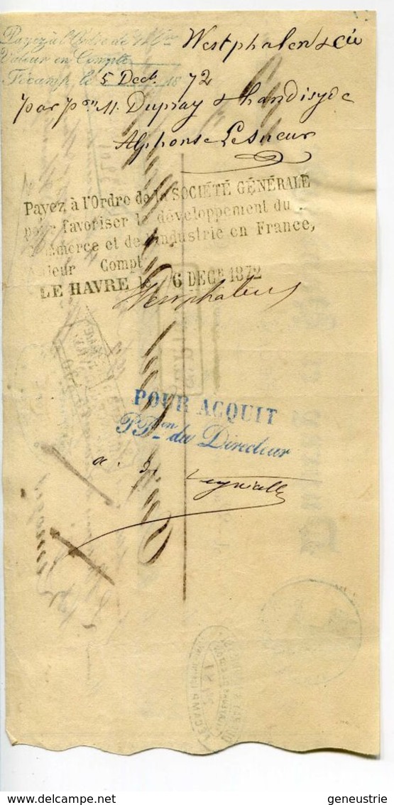 Chèque Ancien 1872 "Dupray Et Handisyde Filature De Coton à Fécamp" Cachet Banque Le Havre - Chèques & Chèques De Voyage