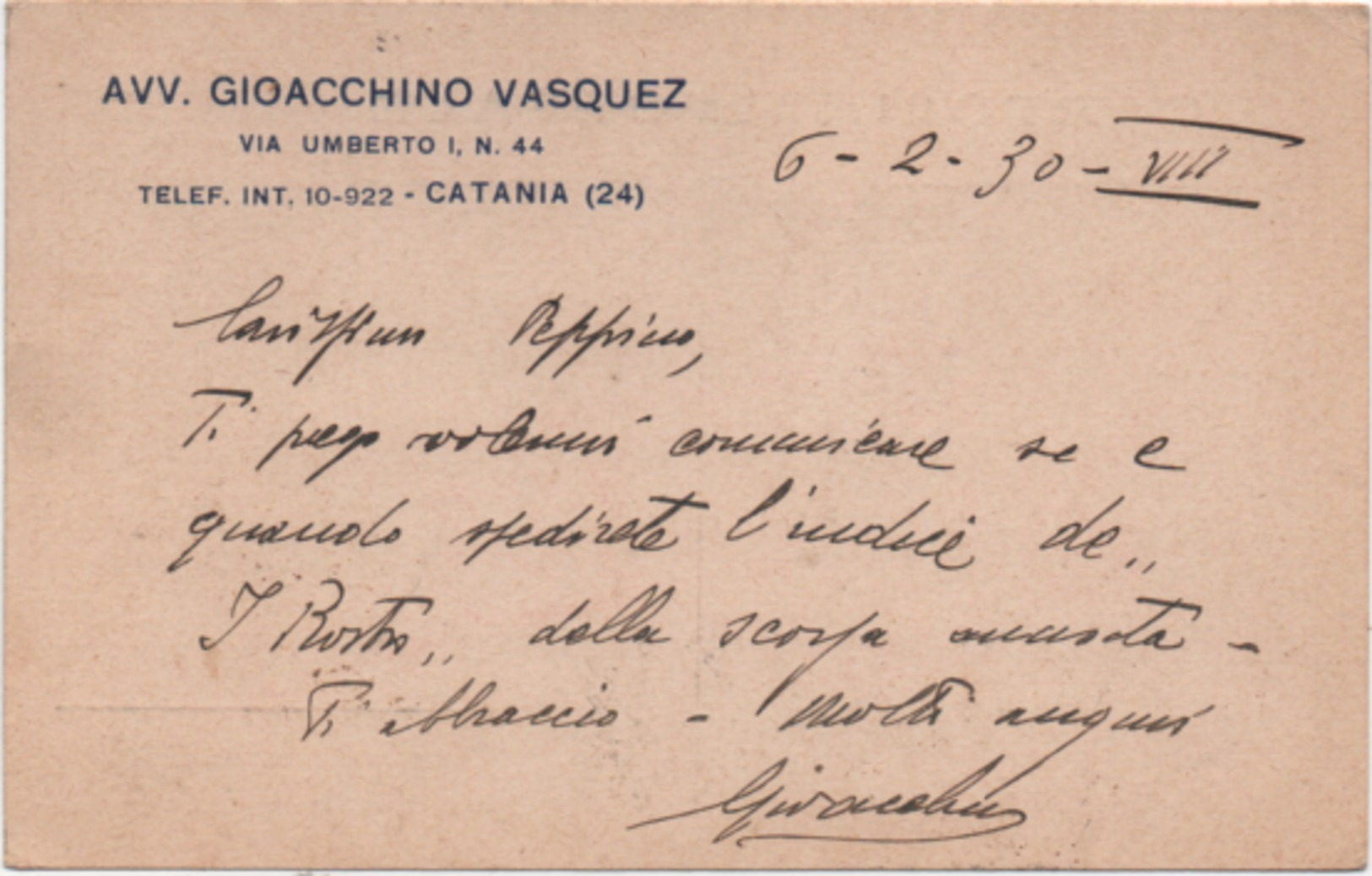 Catania: Cartolina Pubblicitaria Avvocato Gioacchino Vasquez . Viaggiata 1930 - Catania