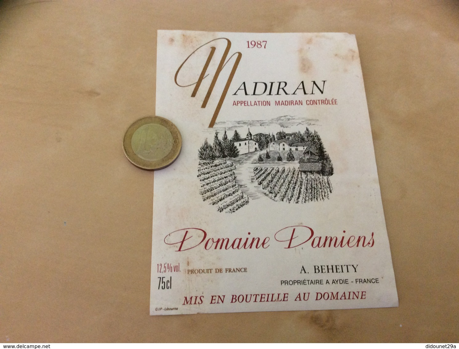 étiquette De Vin « MADIRAN - Domaine Damiens - A. BEHEITY - AYDIE (64) » 1987 - Madiran