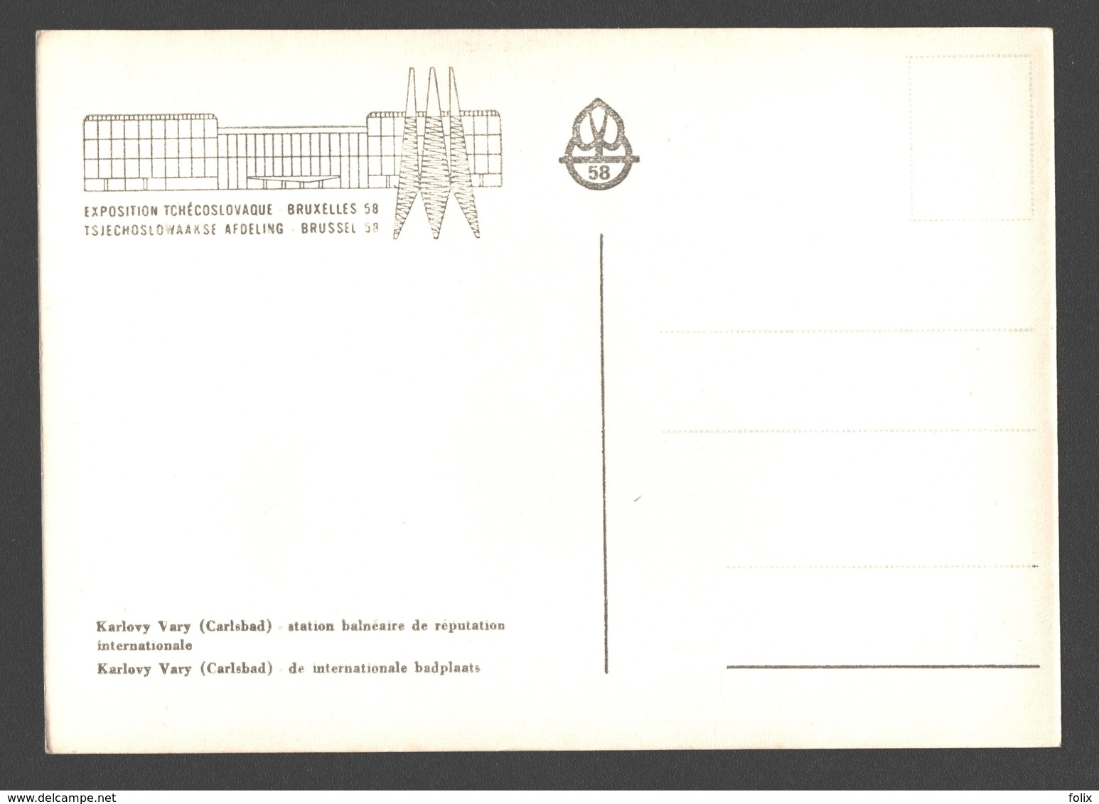 Karlovy Vary / Carlsbad - Station Balnéaire De Réputation Internationale - Expo 58 Brussel / Bruxelles - Photo Card - Tsjechië